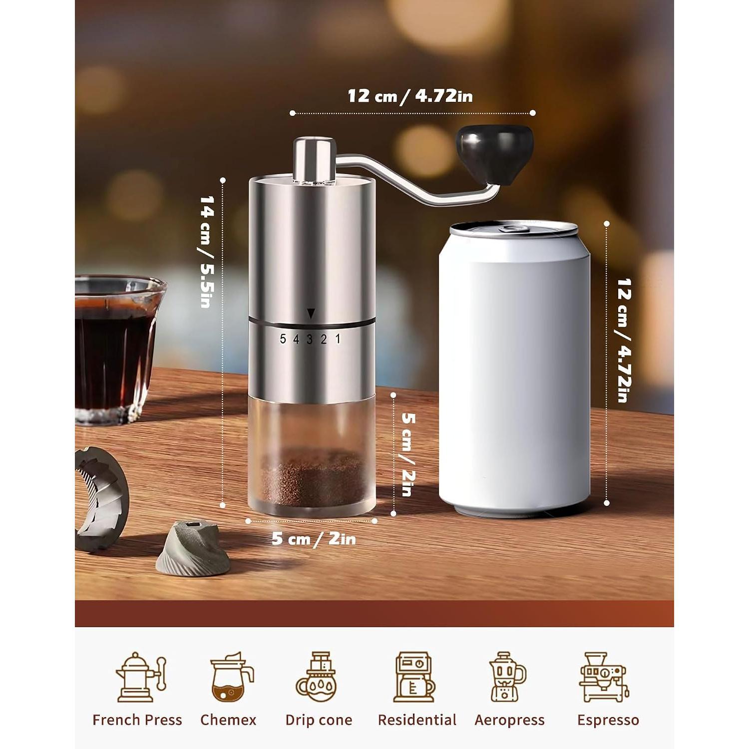 Manual Coffee Grinder with Ceramic Burr, 5 Adjustable Grind Settings, Hand Crank, Portable Size, Easy Cleaning, for Espresso, Press & Camping Travel Use