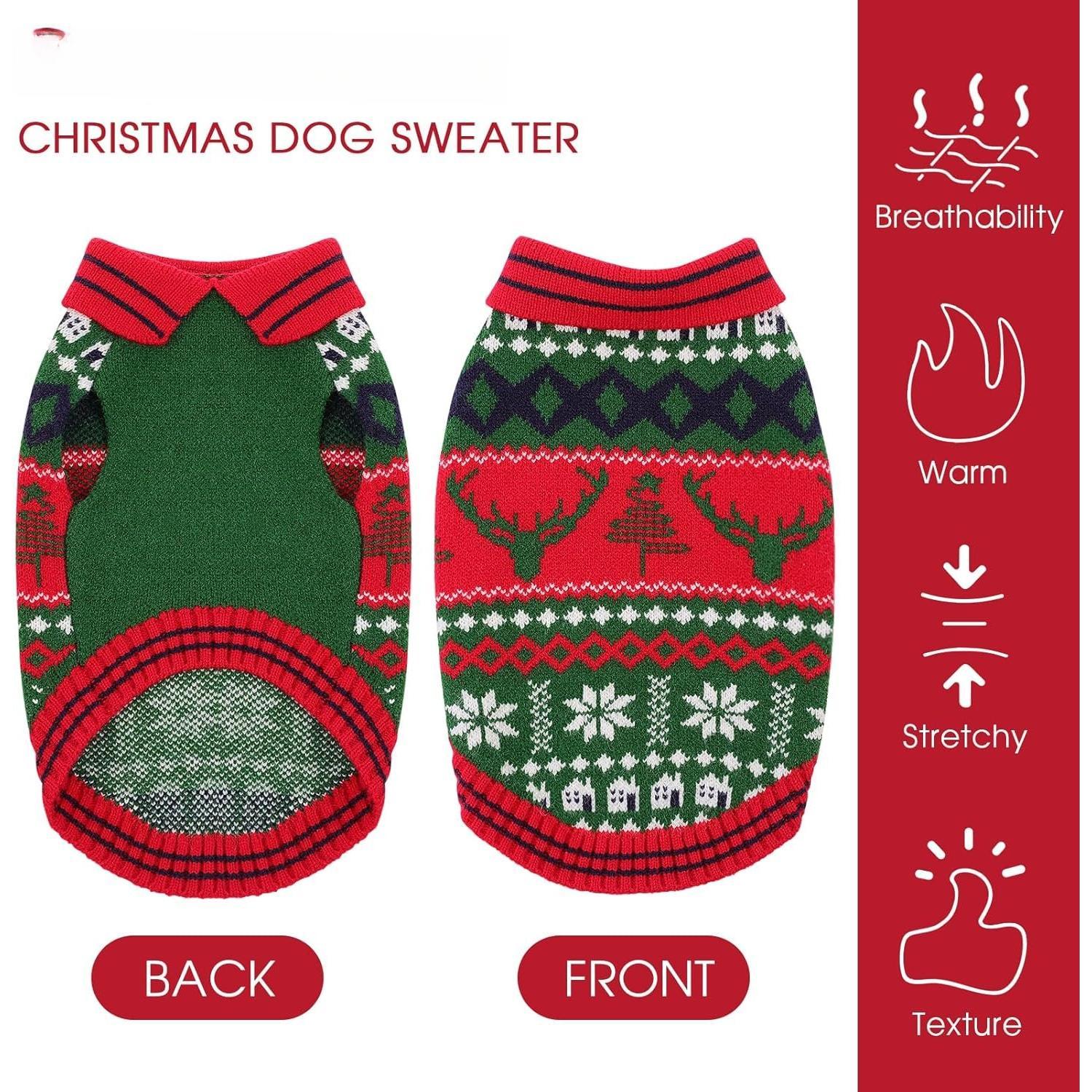 Christmas  Sweater,Stylish Lapel Design Small  Sweater,Soft Dogs Sweaters for Small Dogs Male Female,Thick Warm Pet Clothes,Reindeer and Snowflake  Winter Pet Clothing,Green,XS
