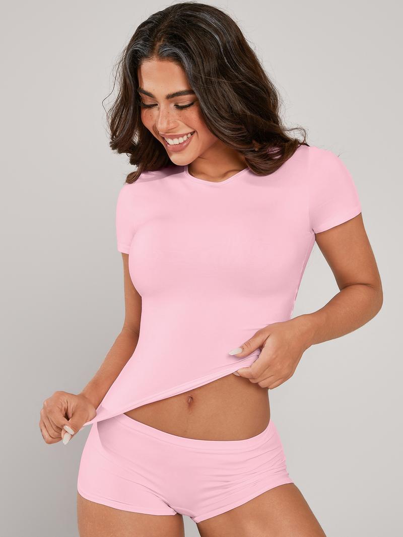 Women's Solid Crop Tee & Boxer Shorts Loungewear, Casual Comfy Round Neck Short Sleeve T-Shirt & Shorts PJ Set, Ladies Sleepwear for All Seasons, Pajama