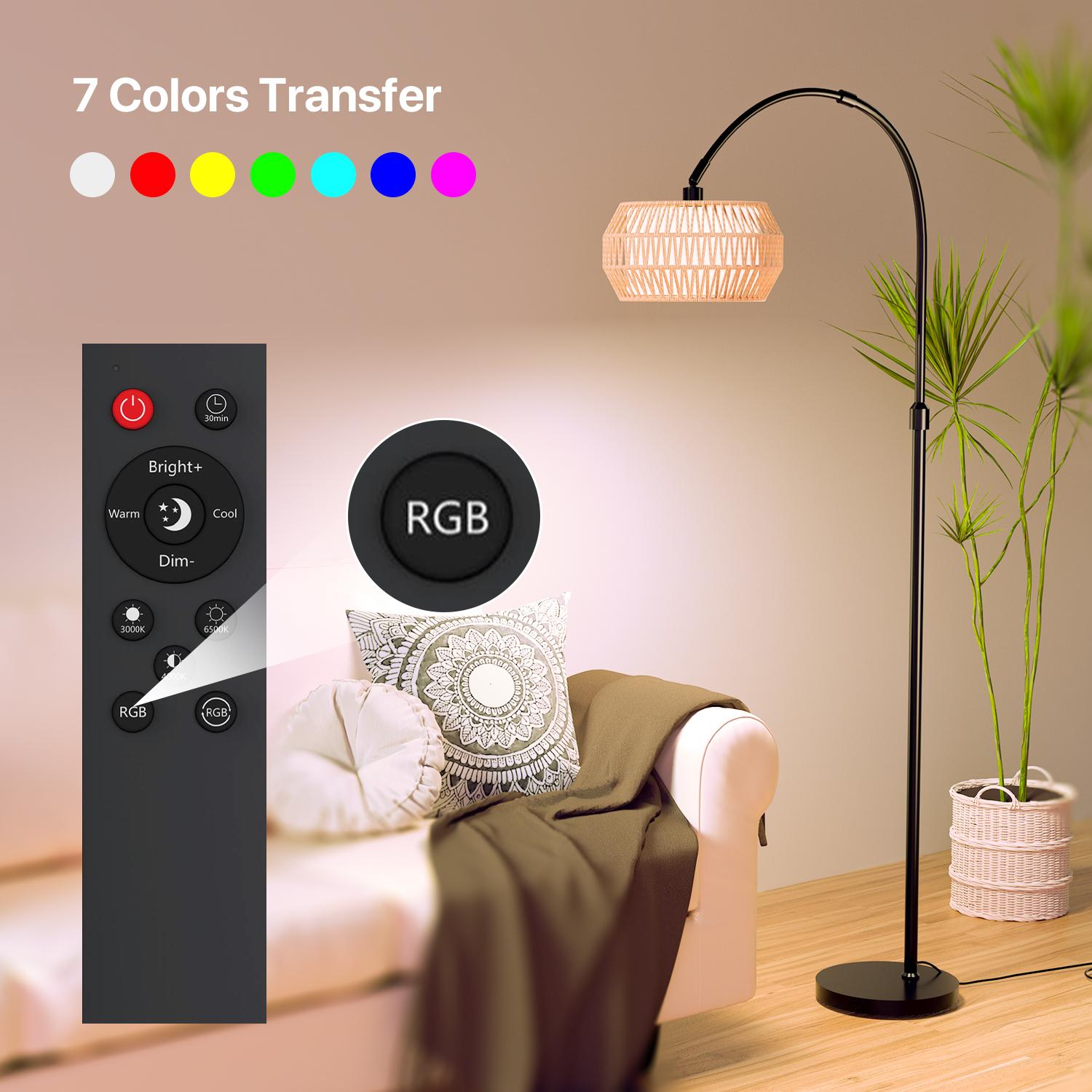 GLITGATE Boho Fishing Floor Lamp with Remote Control, Dimmable Arc Floor Lamp with 3 CCT and RGB,Farmhouse vintage Floor Lamps with Rattan Shades, Vintage floor lamp, Dimmable floor lamp for Bedroom, Office, living room,bedroom