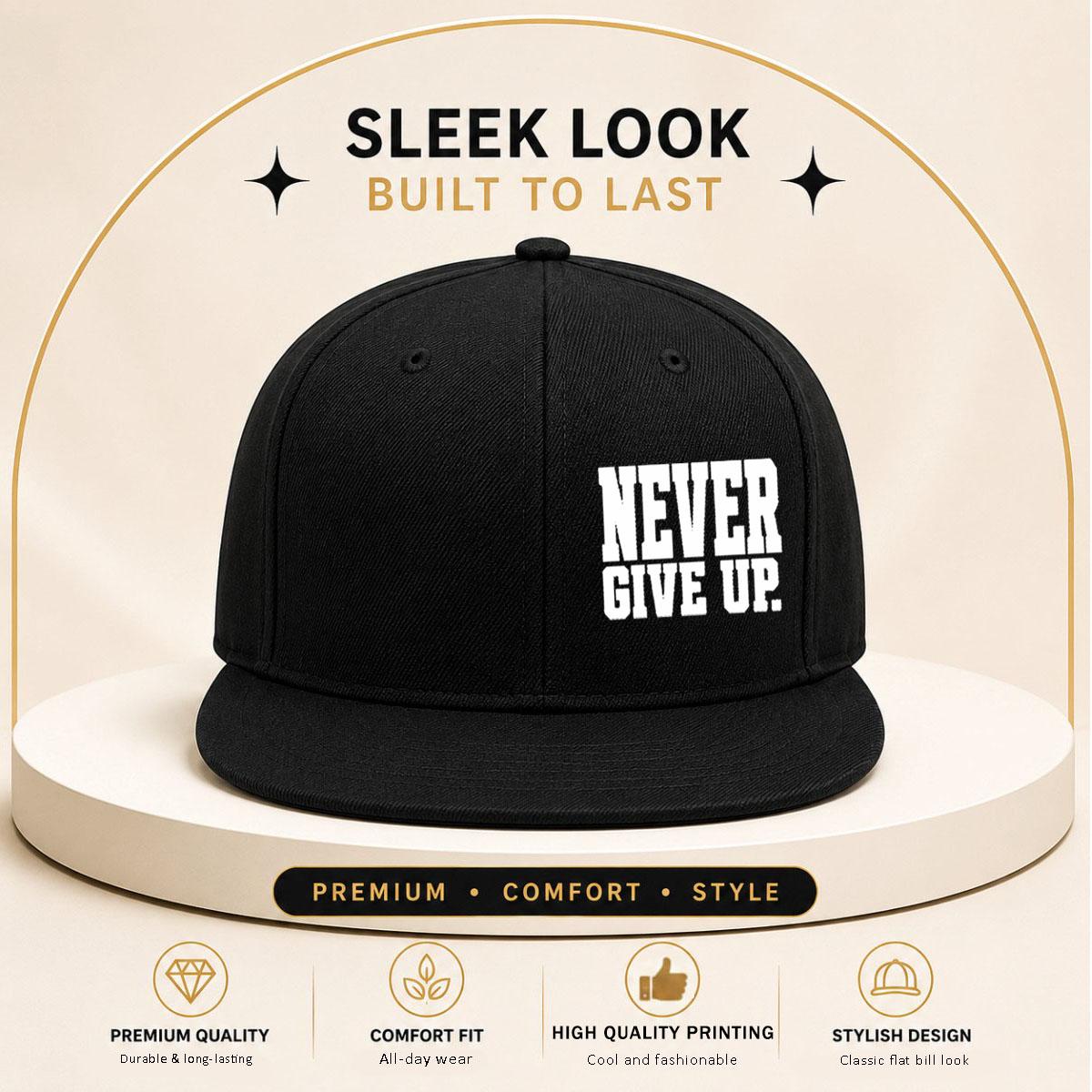 Unisex baseball cap with minimalist text "Never Give Up" printed flat brim design, multiple colors to choose from, adjustable size with code