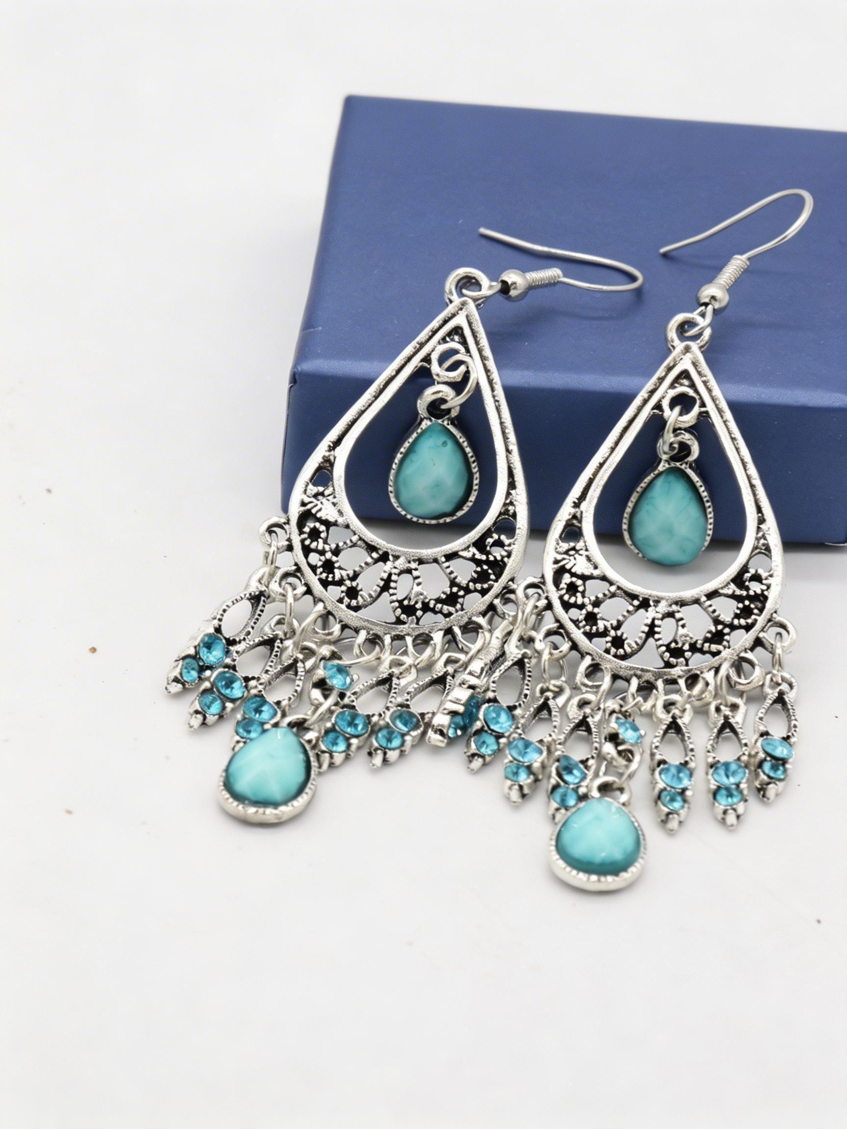 Luxurious Turquoise Textured Drop Earrings, Hook Style, Vintage Floral Design, Perfect for Weddings, Parties, Festivals, Women
