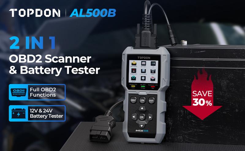 TOPDON AL500B OBD2 Scanner Battery Tester 2 in 1 Code Reader, Full OBDII Diagnosis, 12V Battery Tests & 12V/24V Cranking Tests, Charging Tests, Scan Tool, Car Diagnostic Tool for All OBDII Cars
