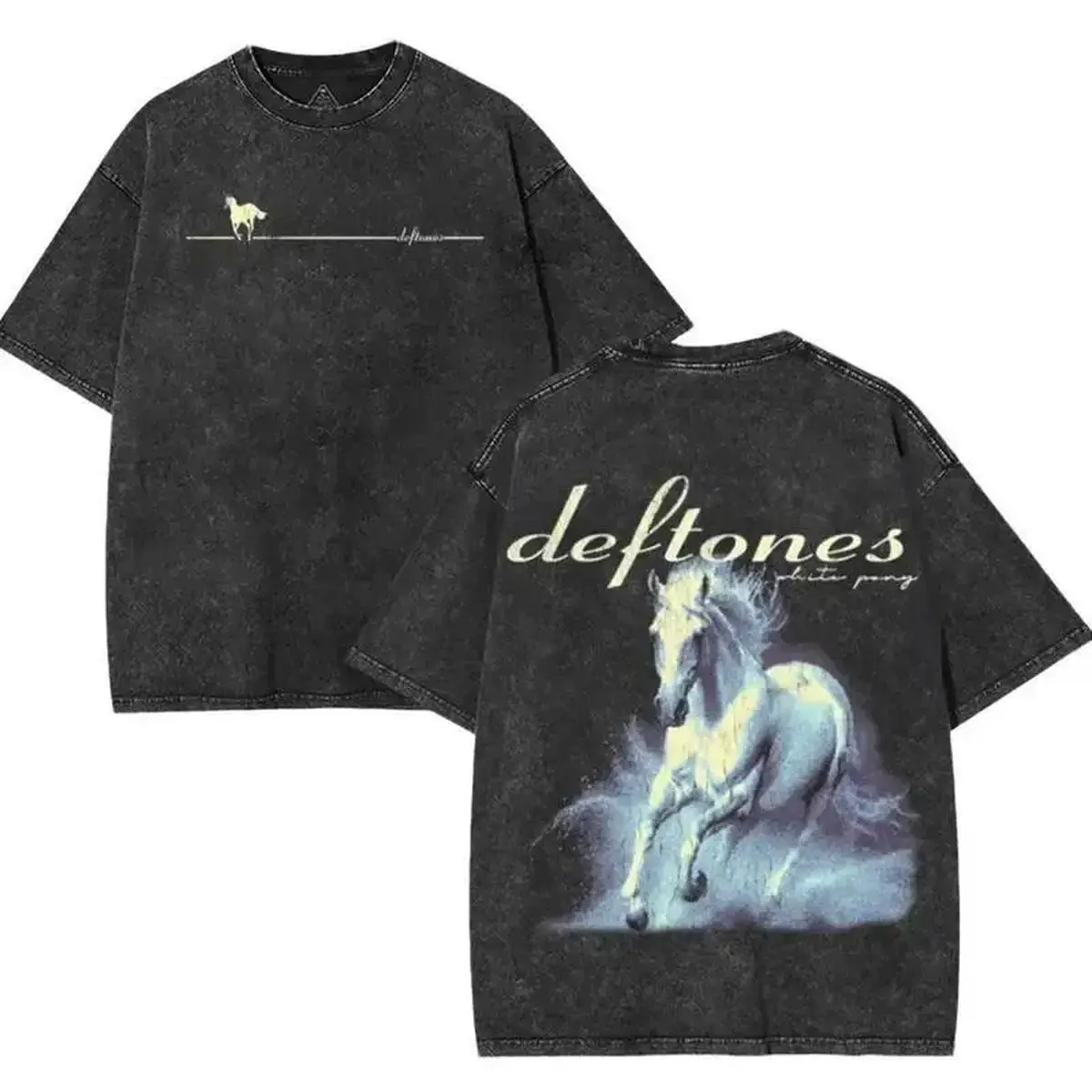 Men's Retro Deftones Pony Logo T-Shirt-A washed, loose-fit, thick cotton short-sleeve T-shirt with a simple yet fun design; unisex alternative metal/grunge round-neck T-shirt, perfect for the gym soft neck short sleeve oversized cotton t-shirt tee outfit