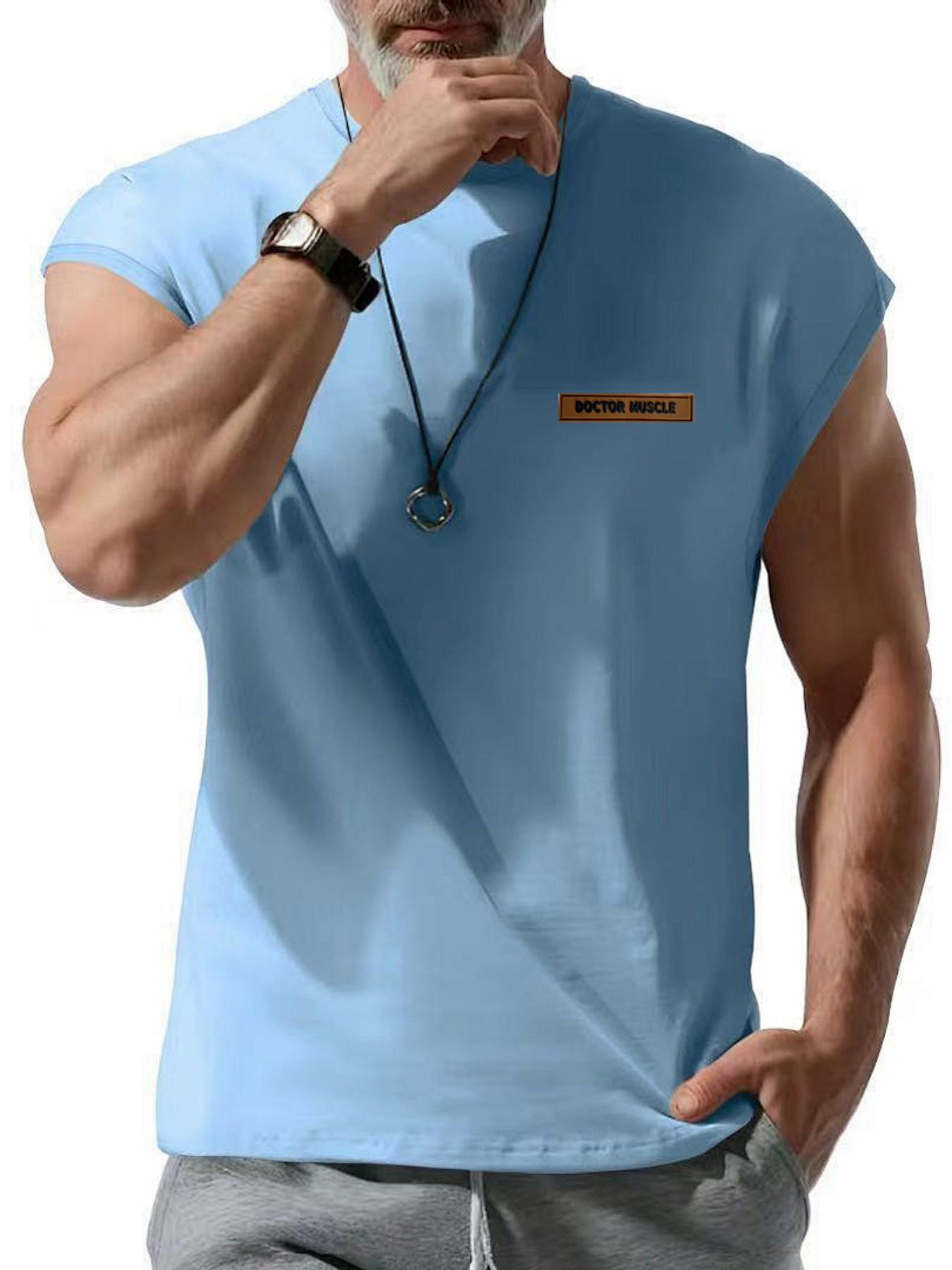 Men's Casual Round Neck Muscle Tank Top, Breathable Summer Sports Shirt with Leather Patch Details, Comfortable and Stylish