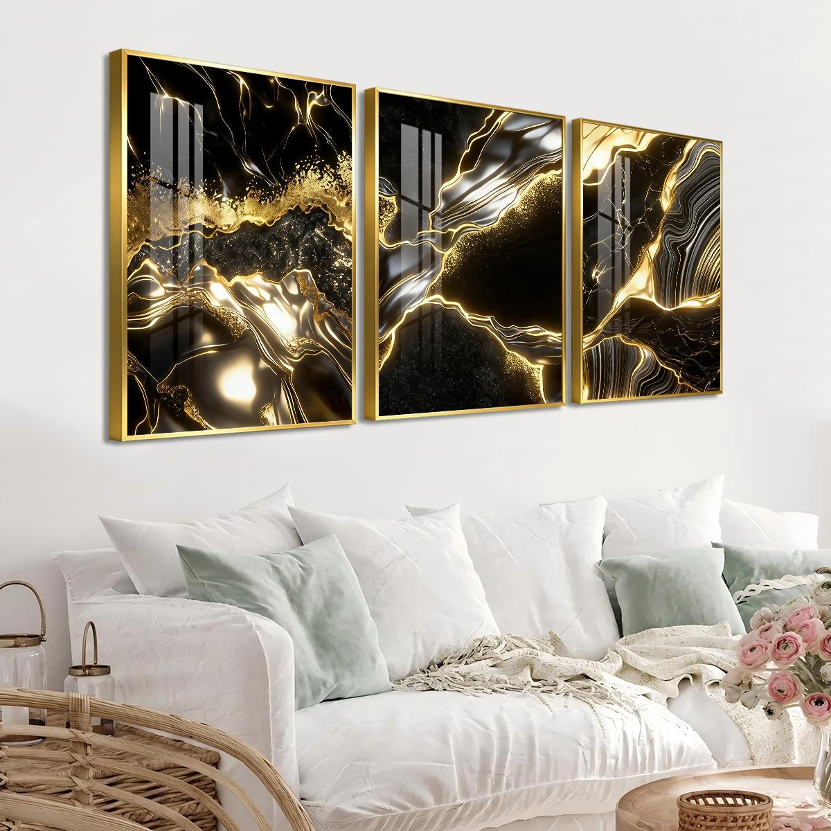 3 Counts Aluminum Alloy Framed Painting, Abstract Black And Gold Fluid Art Pictures, Home Decoration For Living Room, Bedroom, Office, Restaurant, Hallway Wall Decor, Odorless Print Artwork, Luxury Perfect Gift For Friends And Family