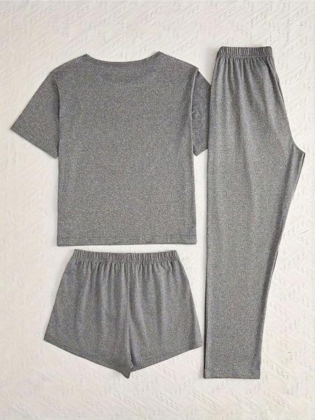 Women's Heart Print Pajama Set, Casual Fitted Sleepwear, All-Season Comfortable Nightwear, Three-Piece for Women, Loungewear