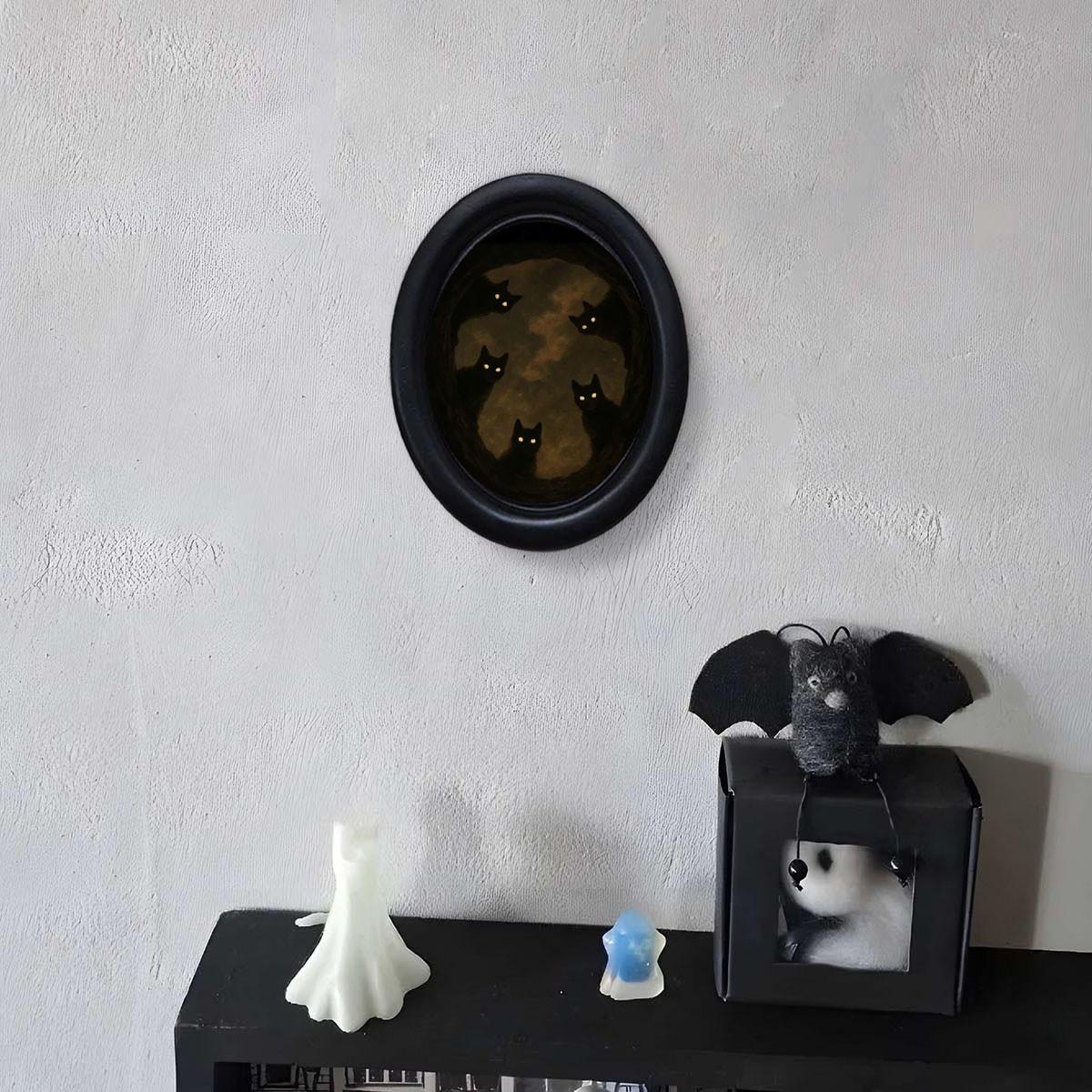 Vintage Dark Mystery Five Cats Art Frame, Unique Wall Decor, Retro Weathered Frame, Halloween Christmas Thanksgiving Home Office Decoration