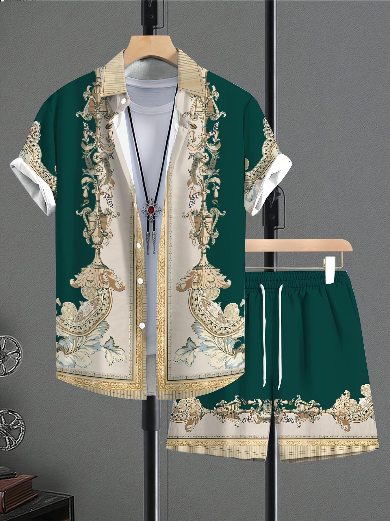 Men's Light Blue Baroque Scroll Two-Piece Set, Vintage Floral Vase Print Collar Shirt + Drawstring Shorts, Casual Loose-Fit All-Season