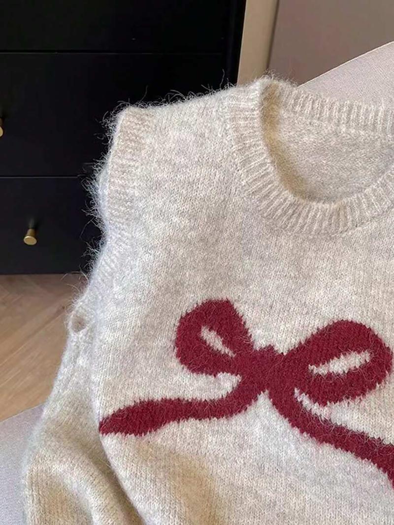 Sweet Bow Vest Knit Sweater, Autumn Winter Embroidered Pattern, Slim Fit Layered Wear, Soft Comfortable Sleeveless Top, Elegant Casual Style