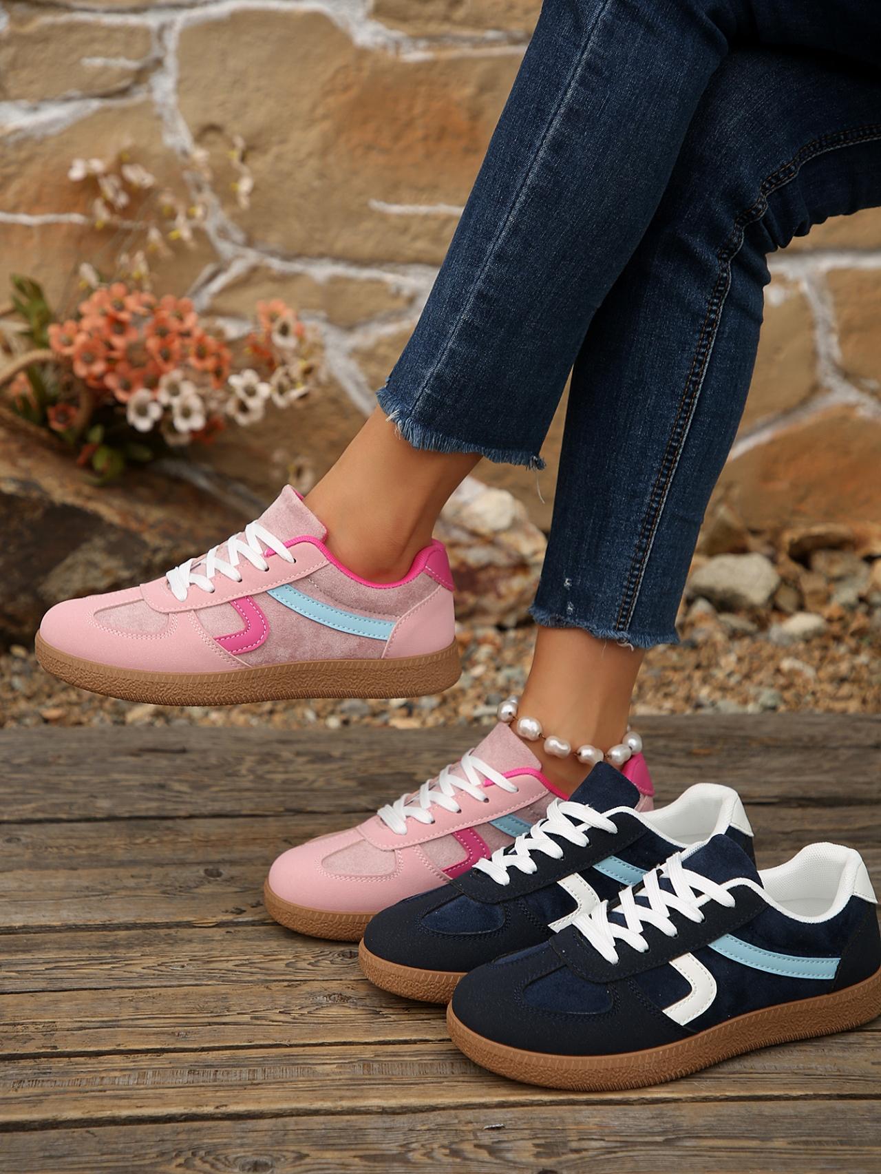2.5cm Platform Color Block Retro Sneakers, Black & Pink, Vintage Casual Trainers