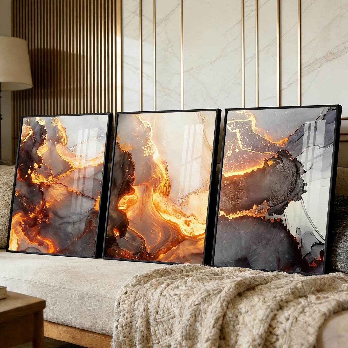 3 Counts Aluminum Alloy Framed Painting, Abstract Golden Lava Flow Pictures, Home Decoration For Living Room, Bedroom, Office, Restaurant, Hallway Wall Decor, Odorless Print Artwork, Luxury Perfect Gift For Friends And Family