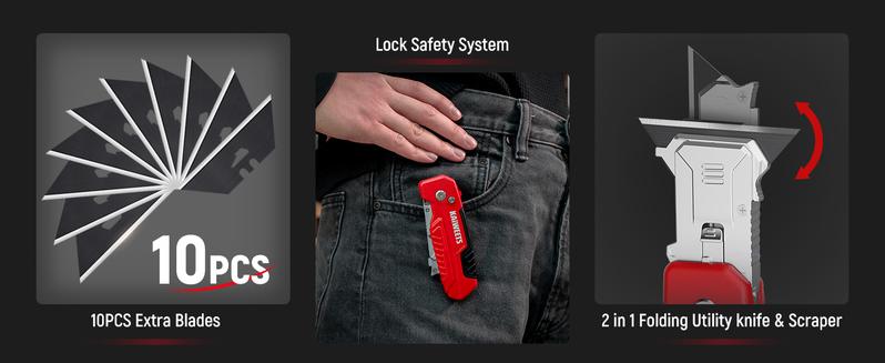 KAIWEETS Utility Knife Scraper, 2-in-1 Folding Box Cutter with Blade Storage,Retractable Design, Heavy Duty Zinc Alloy Body, Folding Knife, SK2 Black Blades replacement, DIY Tool,EDC Tool for Home, Office KAIWEETS Utility Knife Scraper, 2-in-1 Folding Box Cutter with Blade Storage,Retractable Design, Heavy Duty Zinc Alloy Body, Folding Knife, SK2 Black Blades replacement, DIY Tool,EDC Tool for Home, Office