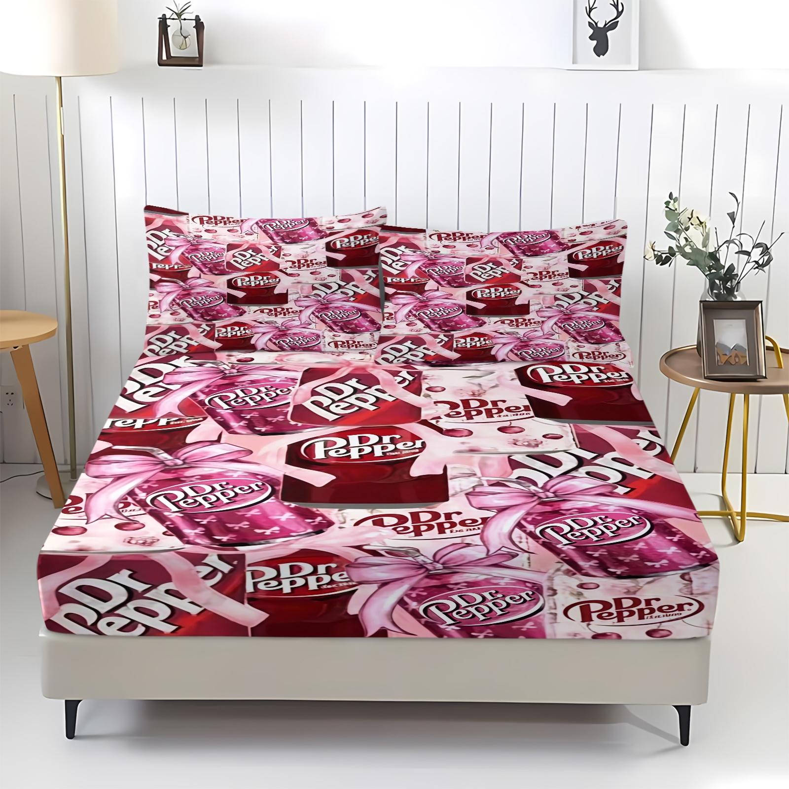 3 Piece Dr Pepper Cherry Fitted Sheet Set, 1 Fitted Sheet + 2 Pillowcases, Retro Soda Drink Pink Bow Bedding, Cute Girly Bedroom Decor for Soda Lovers, Ideal Gift for Dr Pepper Fans