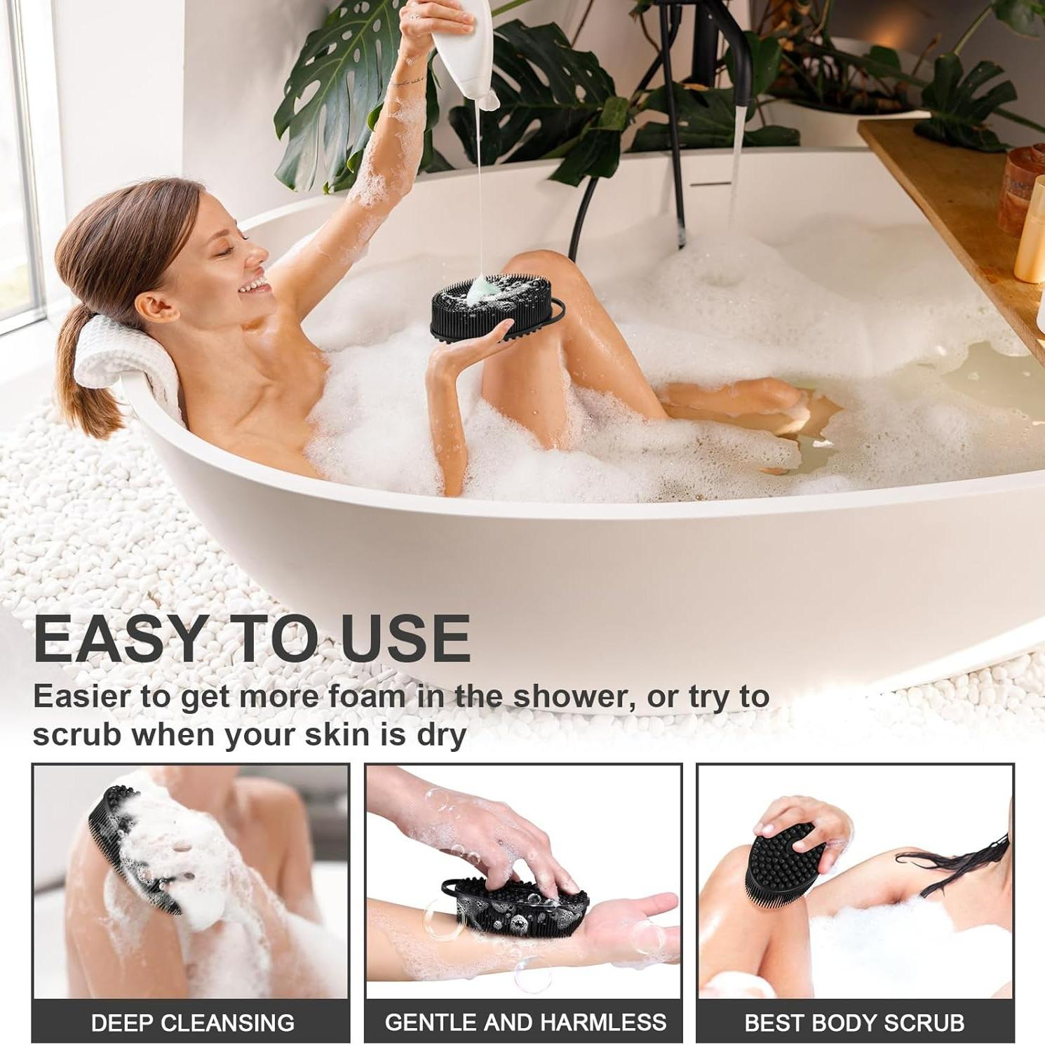 Silicone Bath Brush Set, Long Handle Back Cleaning Brush, Short Handle Shower Brush, Hair Brush and Face Washing Brush, Cleaning Tool, Body Back Scrubber