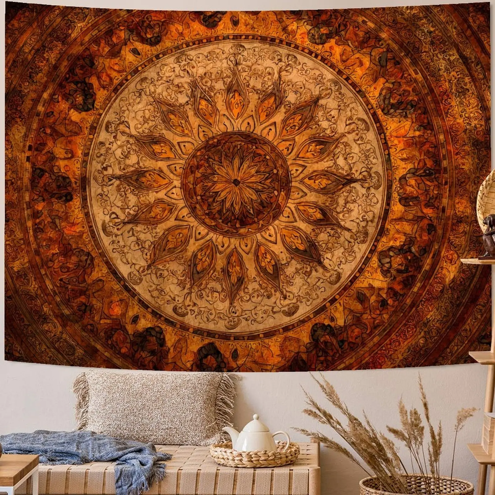 Orange Brown Boho Mandala Tapestry - Hippie Floral Medallion Design, Lightweight Hanging Backdrop for Bedroom, Living Room Photo Wall Decor, Ideal Gift