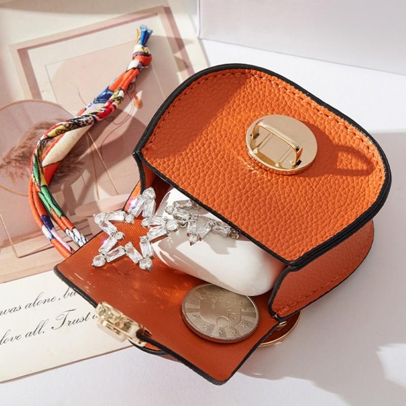 Women Mini PU Saddle Coin Purse Keychain, Luxury Design with Scarf Wrist Strap Lock, Can Be Used As Handbag Charm, Anti-lost Portable Storage Pouch for Lipstick & Wireless Earbuds
