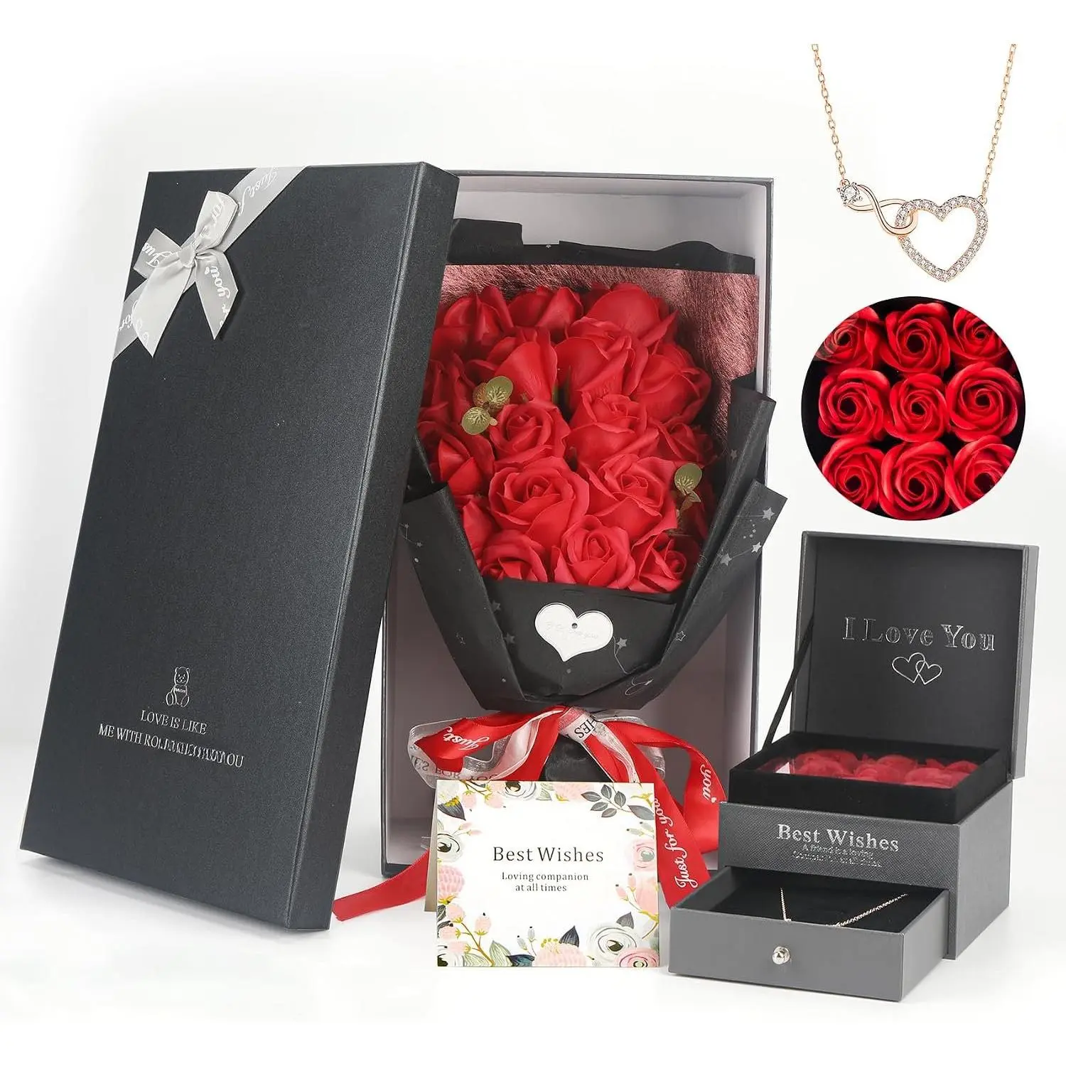 Rose Bouquet Rosas Eternas Preserved Rose Bouquet 18 Flower Bouquet with Beautiful Love Necklace,   for Birthday, Valentine's Day, Mother's Day, Thanksgiving, Christmas, Anniversary(Red)