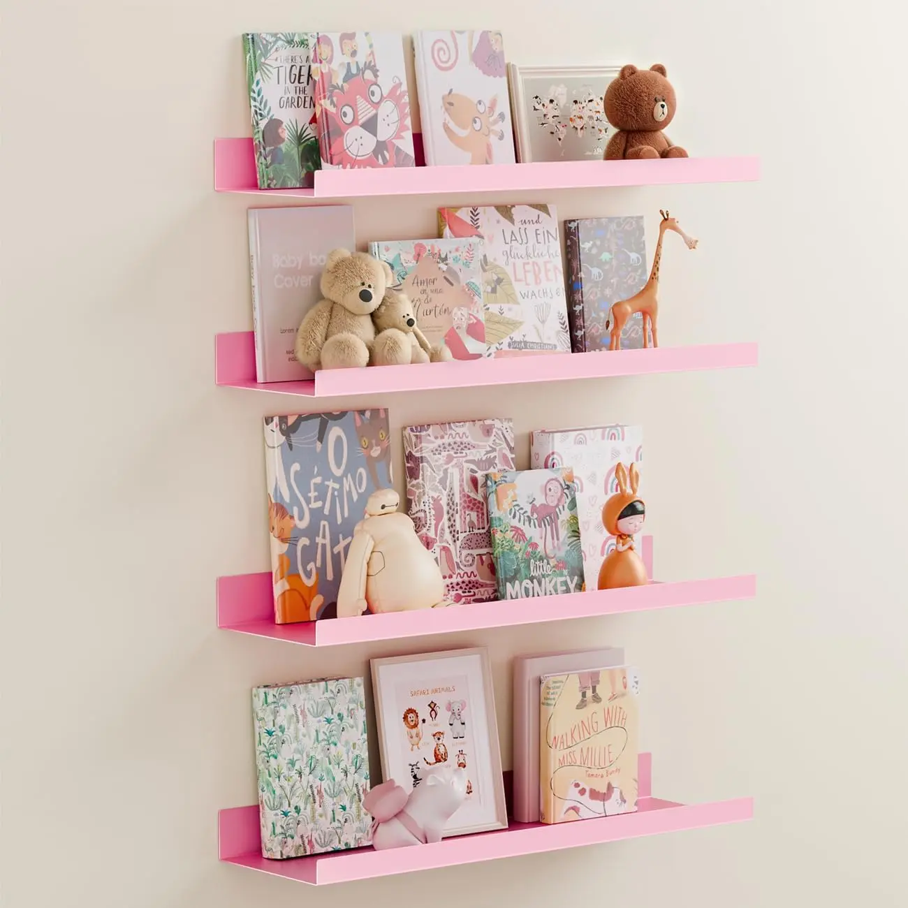 Metal Floating Shelves Set of 4,15.6 inch Floating Bookshelves for Wall Mounted,Wide Magnetic Book Display Wall Shelves for Classrooms Kitchen Bedroom Room Decor (Pink)