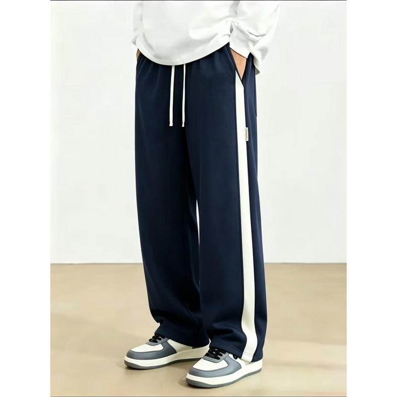 Men's Wide Leg Joggers - Male Clothing with Contrast Stripes, Decorative Side Labels, Elastic Drawcord Waist, Soft Loose Straight Leg for Sport & Urban Daily Casual Wear