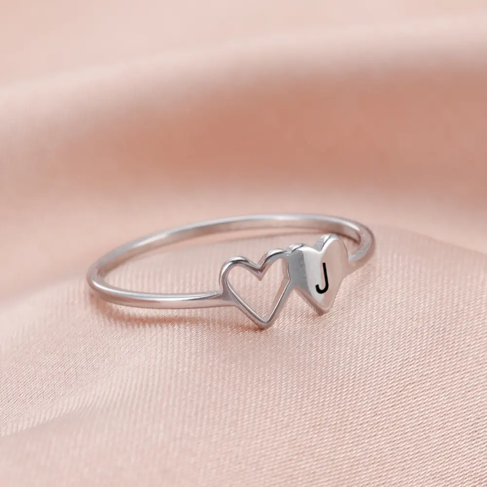 Double Hollow Heart Initial Ring, 26 A-Z Alphabet Stainless Steel Couple Rings, Minimalist Dainty Stackable Finger Jewelry, Romantic Valentine Anniversary Gift For Men Women
