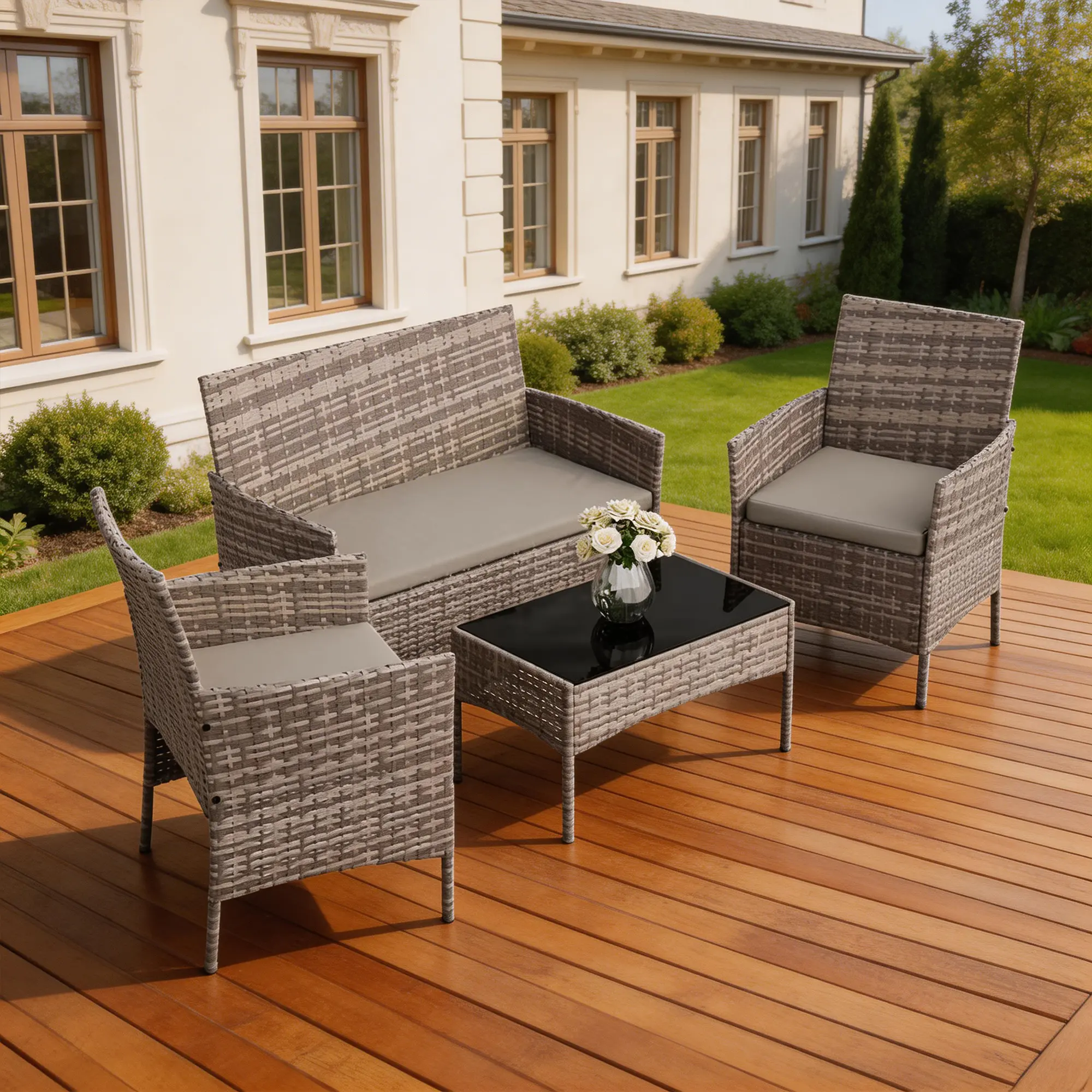4-Piece Outdoor Patio Furniture Set - Wicker Rattan Conversation Set with Cushioned Seats, Fixed Arms Loveseat, 2 Chairs & Glass Coffee Table, All-Weather Easy Arrange Seating for Lawn, Porch