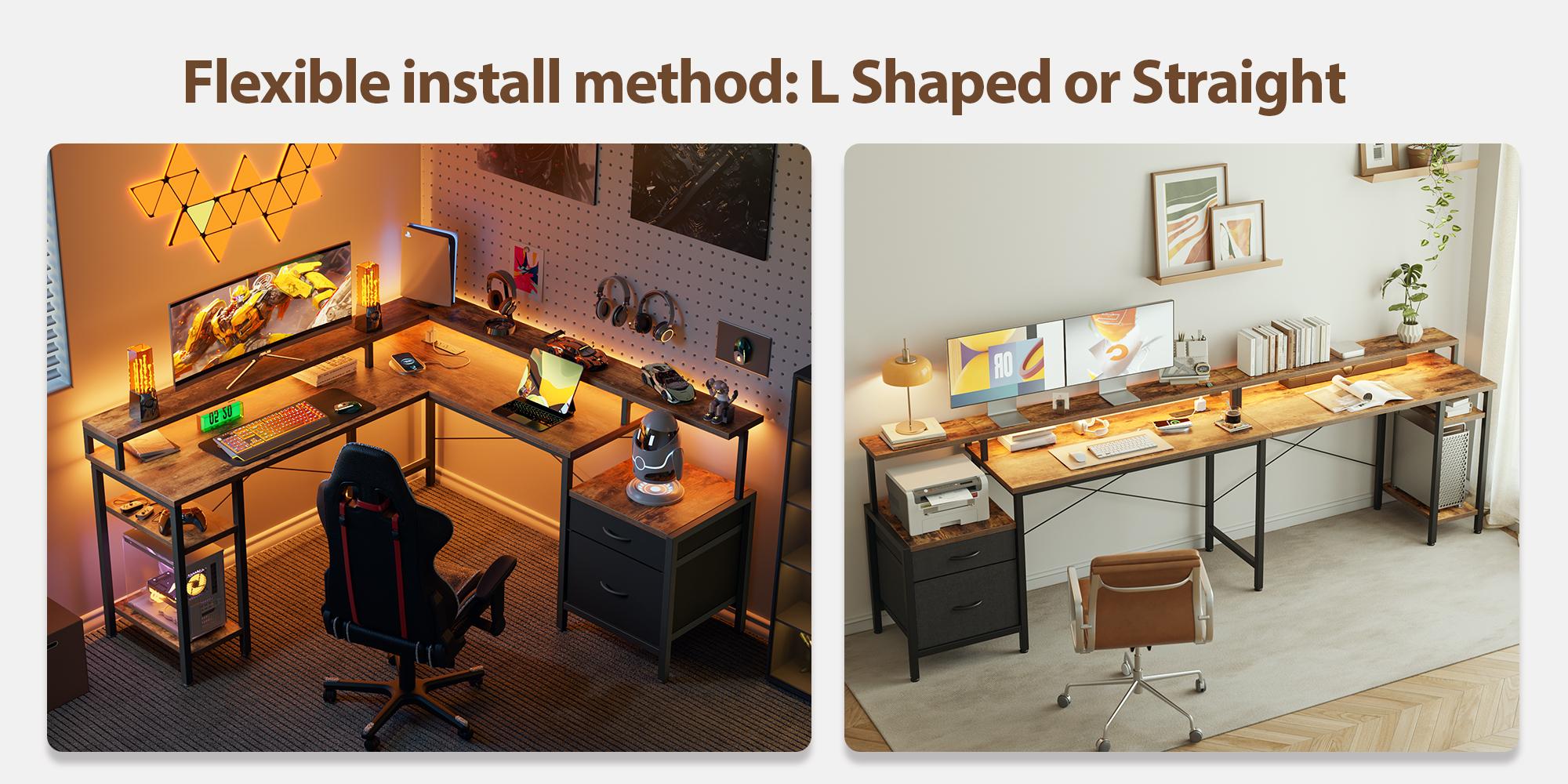 66.93" L Shaped Desk with Storage Drawers, Gaming Desk with Power Outlet & LED Light Strip,Computer Desk, Corner Desk with Shelves for Home Office Workstations