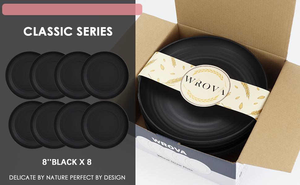 Wheat Straw Plates - 8 Inch Unbreakable Dinner Plates Set of 8 - Dishwasher & Microwave Safe Plastic Plates Reusable - Lightweight Plates for kitchen,R.V (pure black)