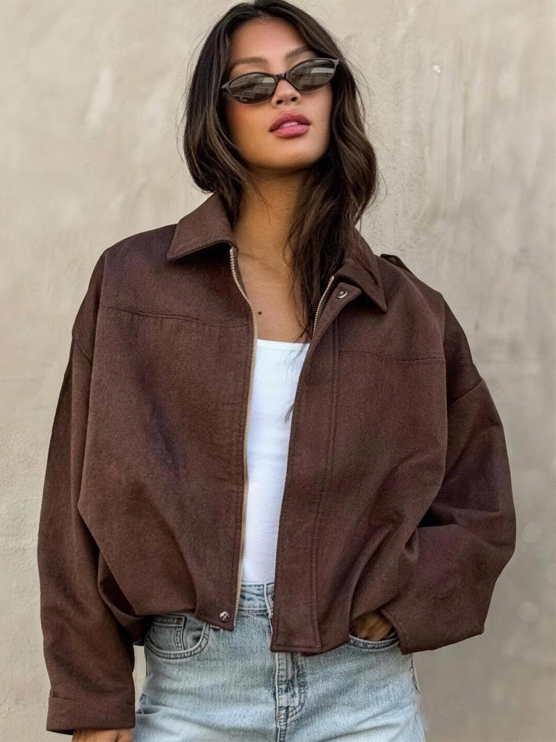 Women's Cropped Suede Jacket Demi-Season Bomber Jacket Female Outerwears Street Long Sleeve Oversized Black Brown Green Red Jacket Woman Fashion Zip Up Short Coat