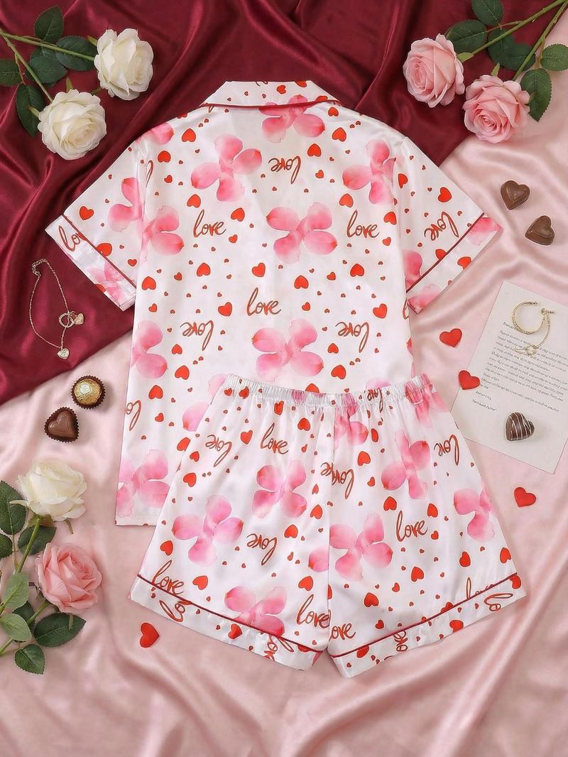 Women's Floral Heart Pattern Two-Piece Sleepwear Set, Button Front Short Sleeve Top and Elastic Shorts, Valentine's Day Elegant Homeewear