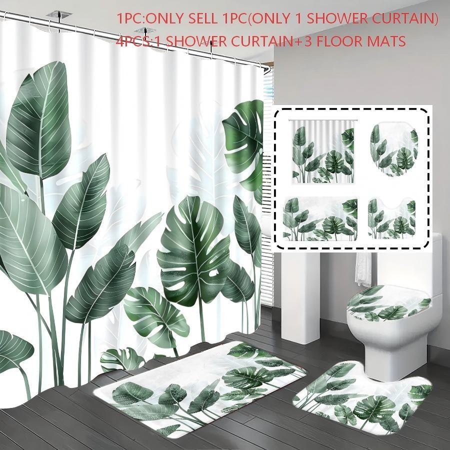 [Popular Choice]1pc/4pcs, bathroom curtains shower, shower curtain set, shower curtains, bathroom decor,bathroom rug, home decoration, bath mat, tortoise shell bamboo pattern, tropical plant theme decoration, with 12 hooks.