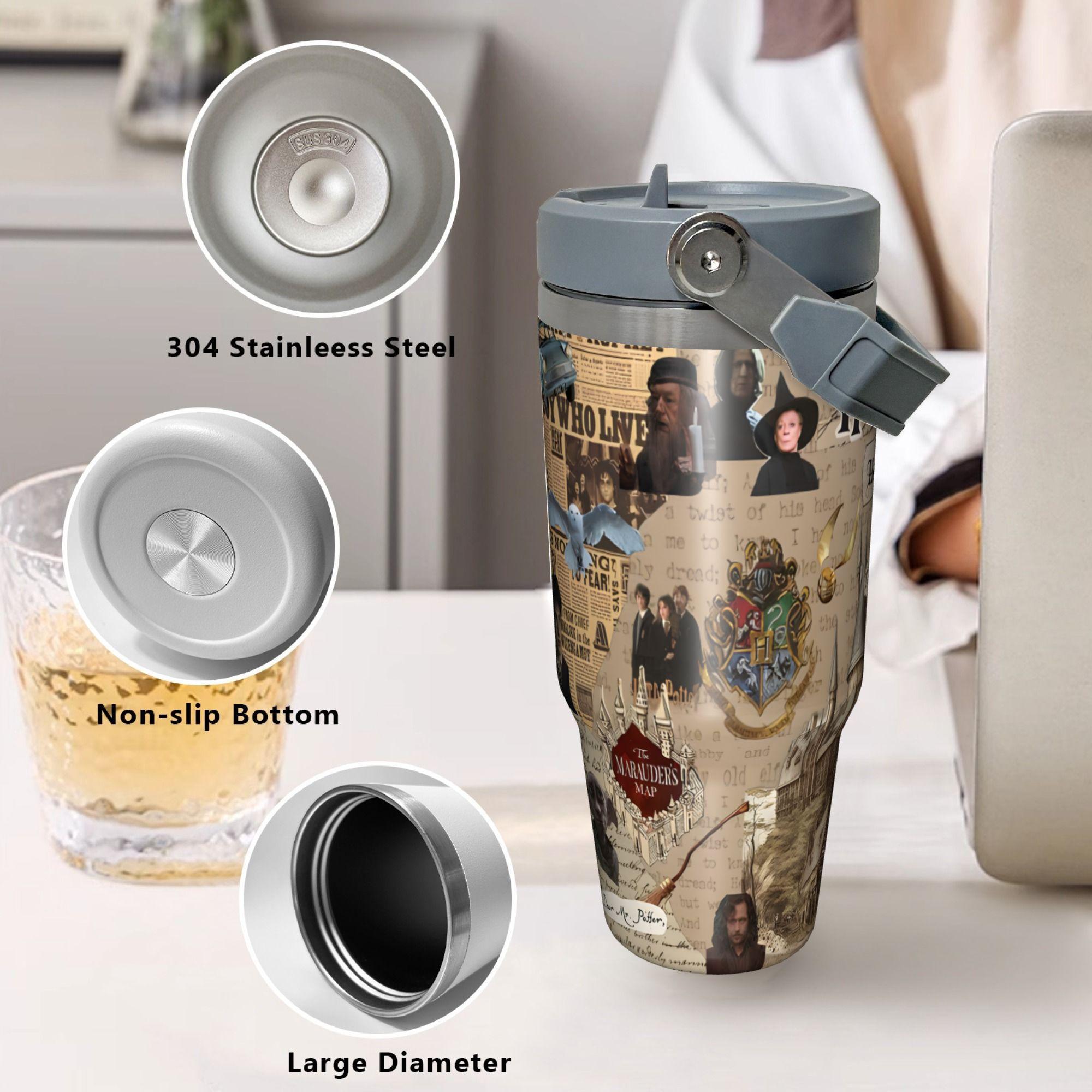 【Back to School】Warner Bros. Harry Potter Vintage Chapter Hogwarts Flip Straw Tumbler 30oz Stainless Steel Vacuum Mug, Leakproof Travel Cup, Antique Book Page Castle Print, Wizard Fan Gift