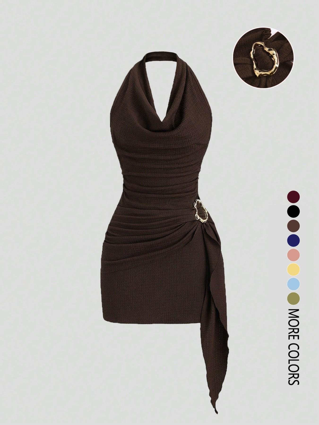 Women's Fashion Solid Color Ruched Halter Dress, Casual Office Wear, Elegant Backless Design, Perfect for Daily Wear, Stylish and Comfortable Dress