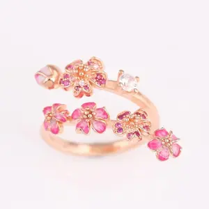 S925 Silver Rose Enamel Peach Blossom With Crystal Ring For Women Wedding Party Gift fit Lady Fine Jewelry