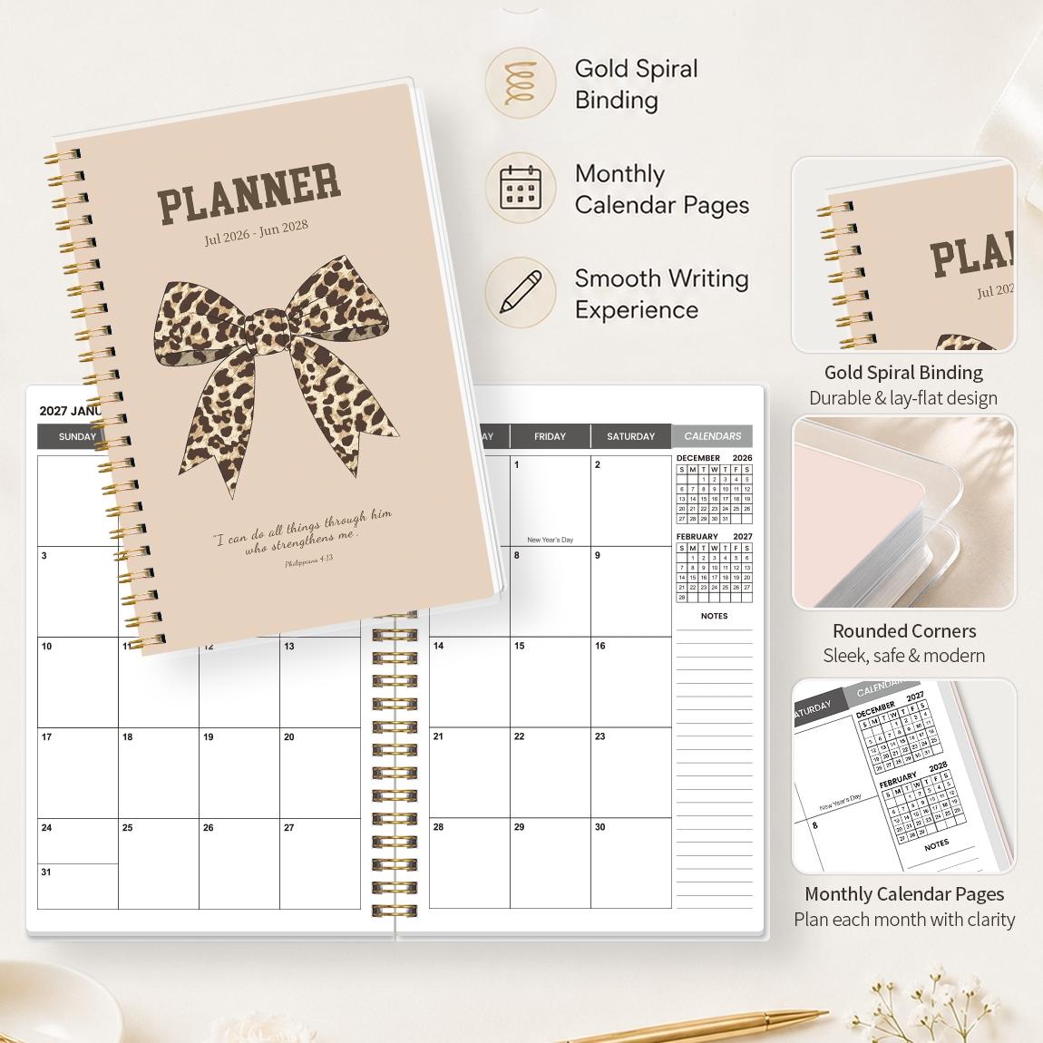 A5 Size Planner Notebook, Spiral Binding, Spiral Bound Planner, Leopard Print Bow Cover, Calendar & Memo Management, Ideal for Study Office Daily Planning
