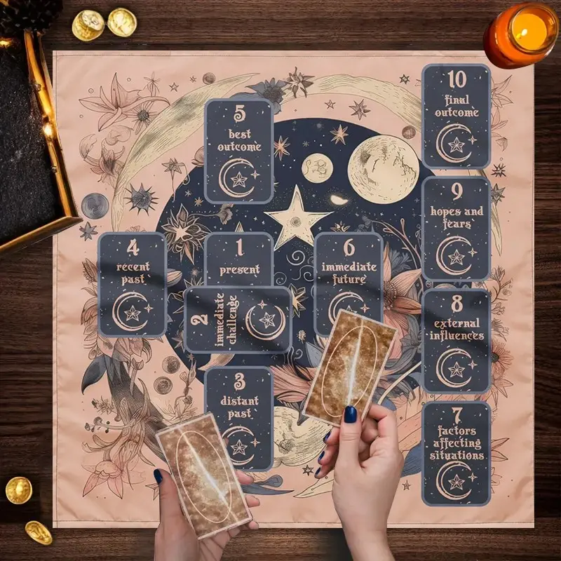 1pc  Celtic Cross Tarot Spread Cloth, Moon Star Floral Tarot Cloth, Celestial Witch Divination Altar Mat Spiritual Table Tapestry