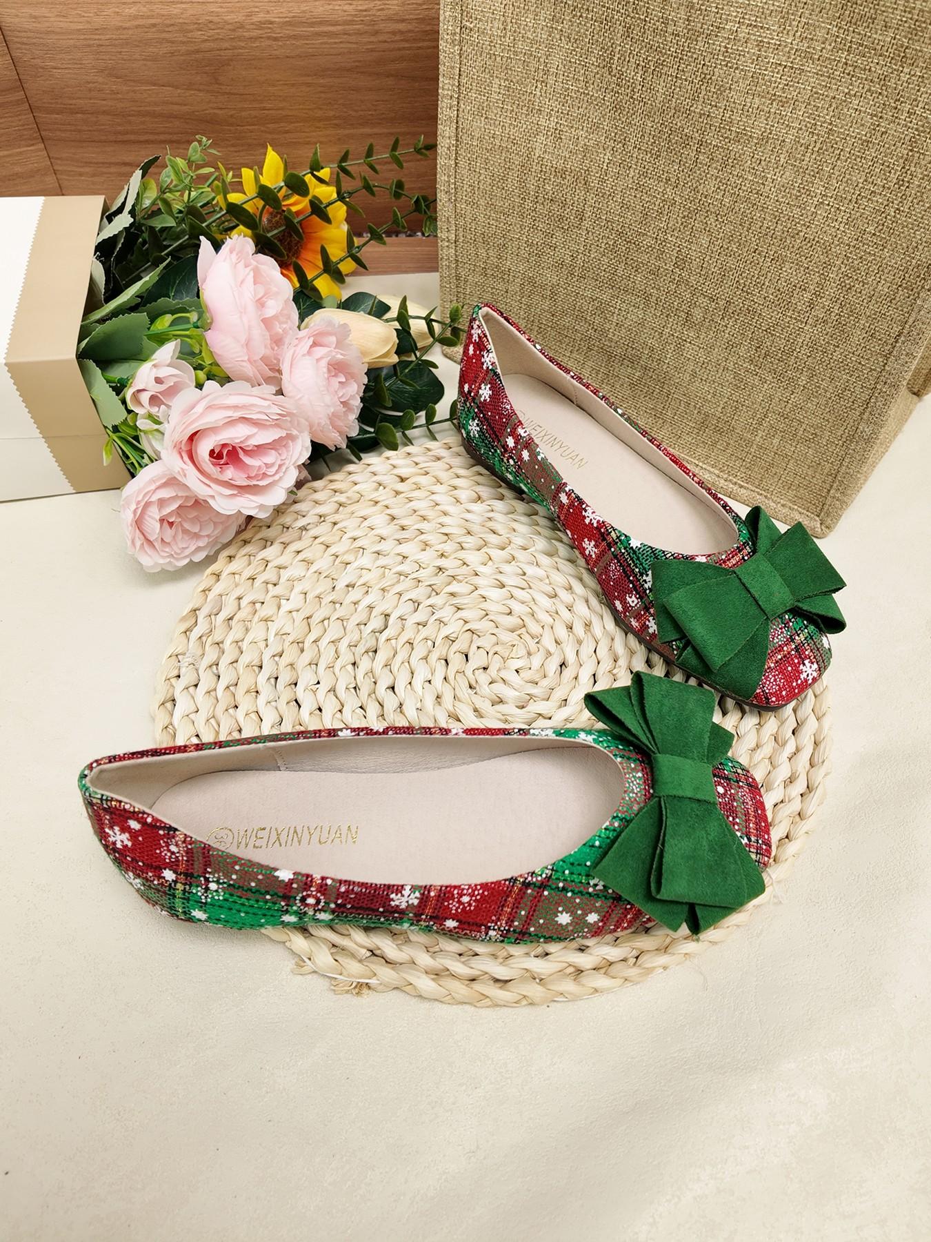 Christmas Limited Edition Plaid Bow Flat Shoes, Soft Sole Anti-Slip Versatile, Holiday Atmosphere, Daily Commute Women's Shoes