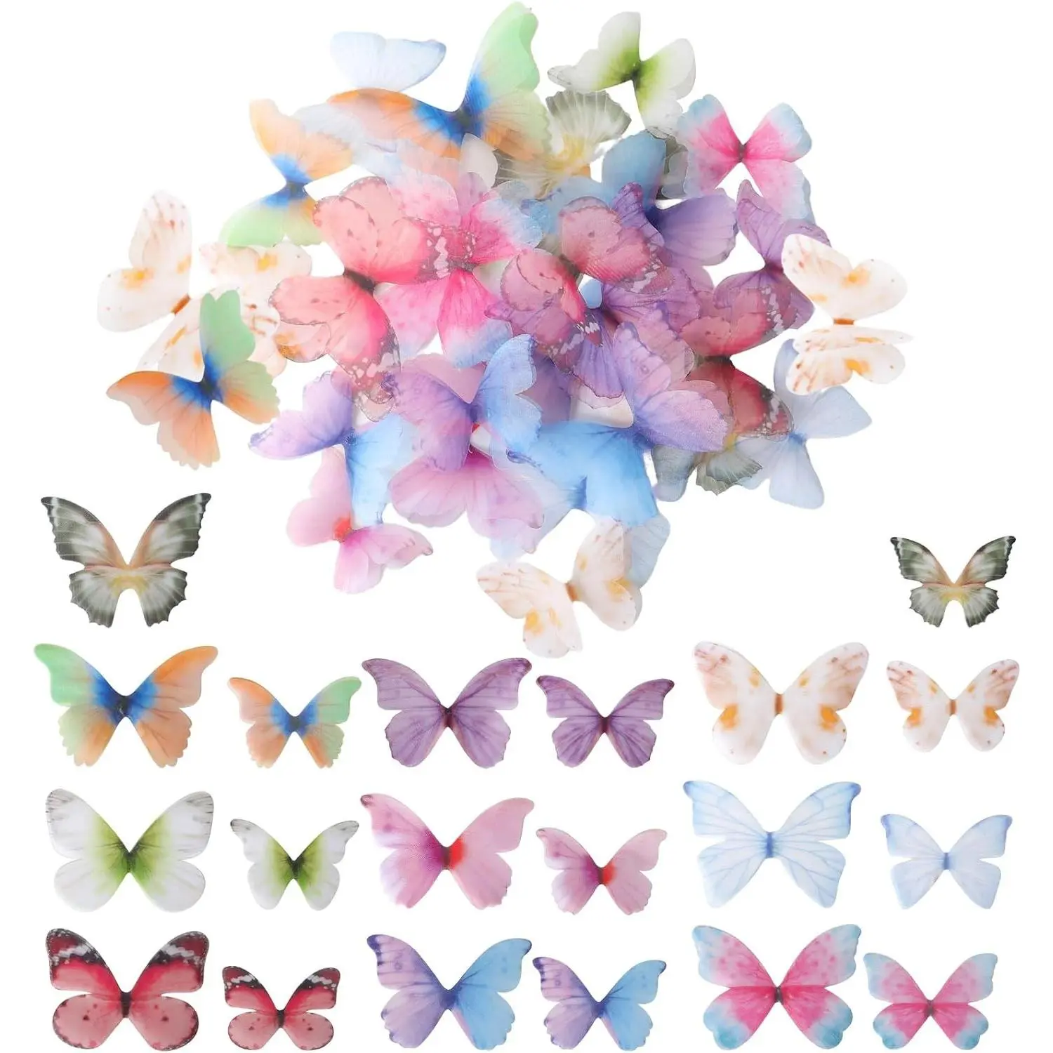 80 Pieces of Double-Layer Colorful 3D lace Butterflies, Suitable for DIY Crafts, Hair Accessories, Clothing, and Home Decoration, Made of Organza Fabric in Assorted Sizes