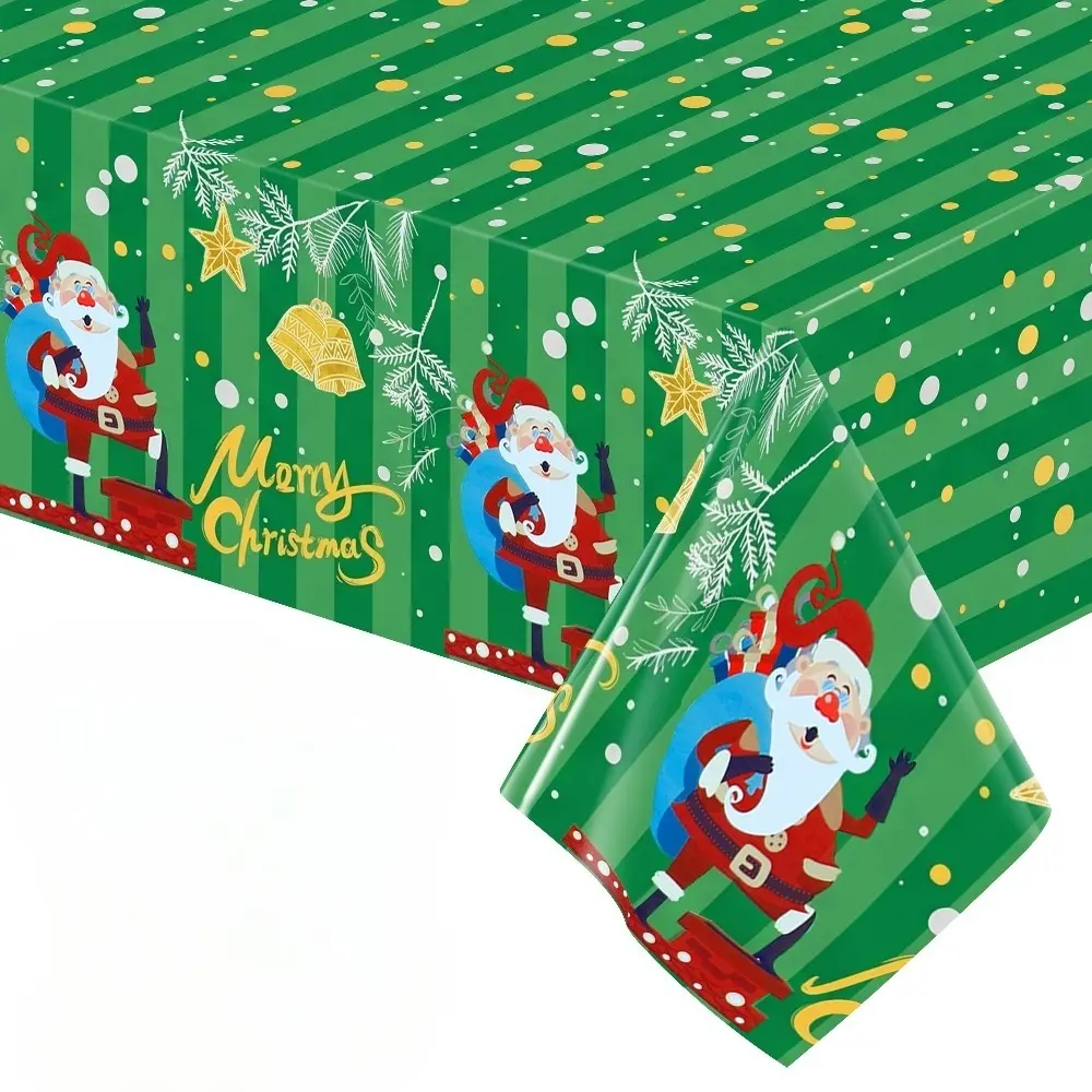 1/3 Pcs Disposable Waterproof Aluminum Foil Christmas Rectangle Tablecloth, 54×72/54×108 Inch Green Stripe Santa Bell Merry Christmas Print Decorative Table Cover for Holiday Dinner, Family Gathering and Christmas Party Decorations