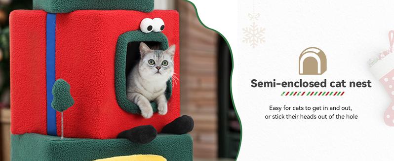 DWVO Extra Large Cat House for Indoor Cats, 60" Multi Level Cat Condo Furniture, 3 Story Playhouse with Hanging Ball, Green Cat Tree Cat Tower for Large Pets, Dog, Ferret