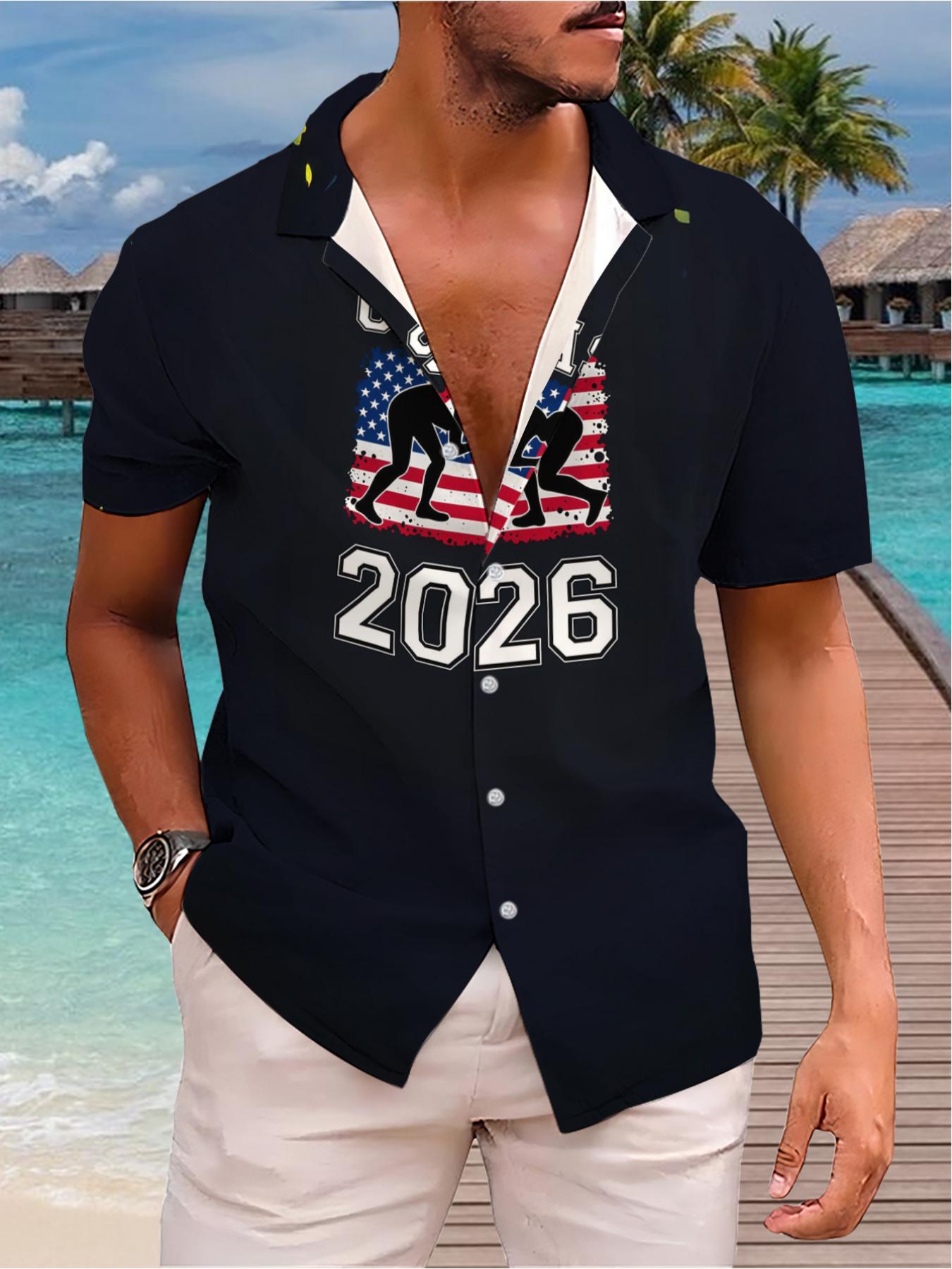 Men's Hawaiian Shirt - Flat Digital Print Pattern - No Texture - Wrestling Graduation Class 2026 American Flag, Fashionable and Simple Short Sleeve, Buttoned, Casual Collar Shirt, Stylish and Versatile, Suitable for Dates, Beach Vacations, a Perfect Gift