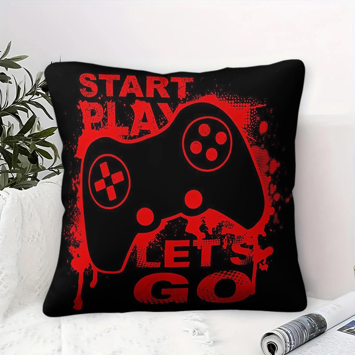 Gamer Theme Throw Pillow,Start Play Let's Go Game Controller Decorative Cushion,Red Black Graffiti Accent Pillow for Gaming Room,Bedroom,Sofa,Couch,Dorm,Includes Pillow Core,Perfect Gamer Gift for Teen Boys & Game Lovers