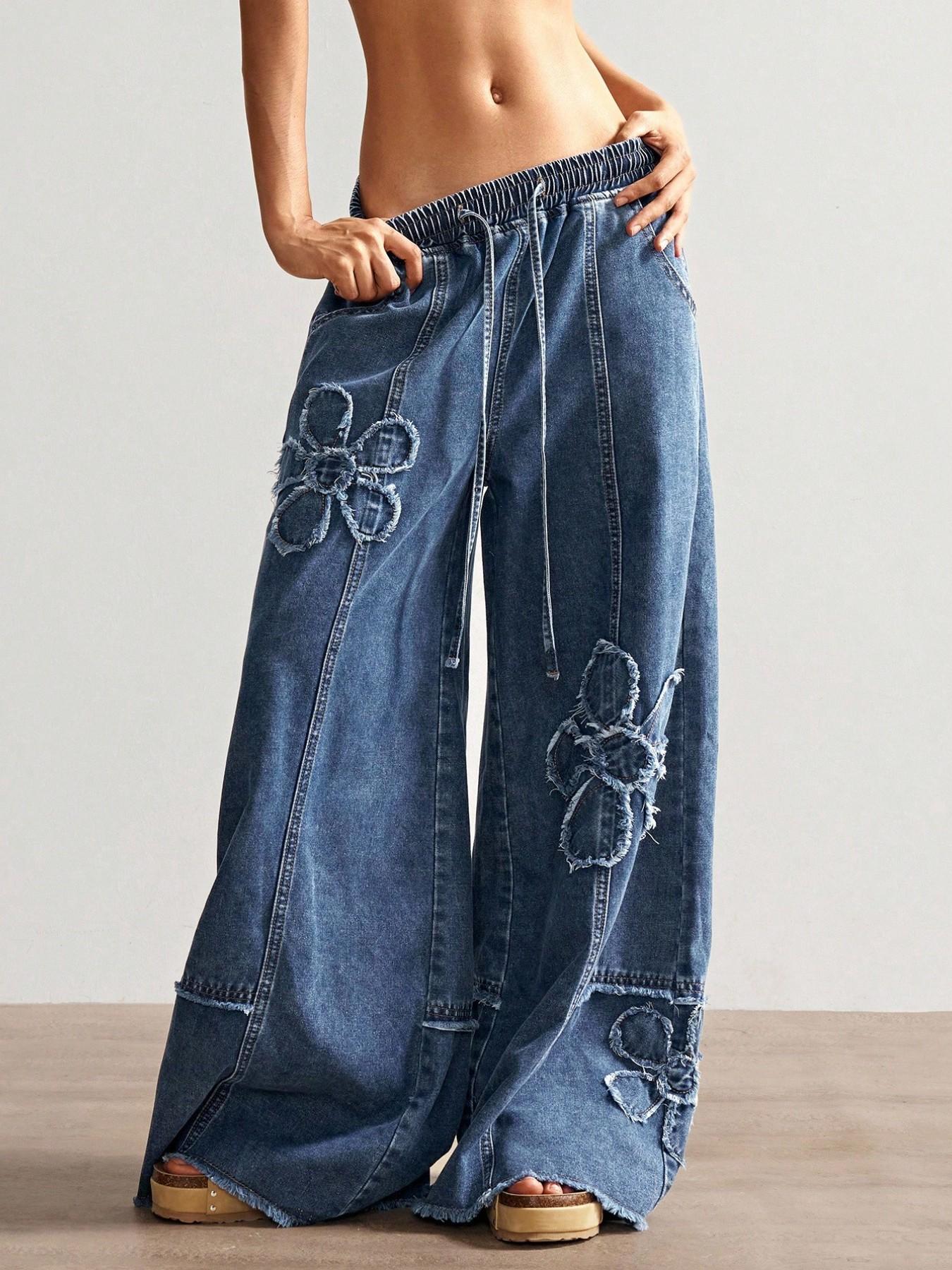 Boho Style Women's Casual Solid Wide Leg Jeans, Loose Fit Denim Jeans with Embroidery Pattern, Comfortable and Stylish Everyday Wear