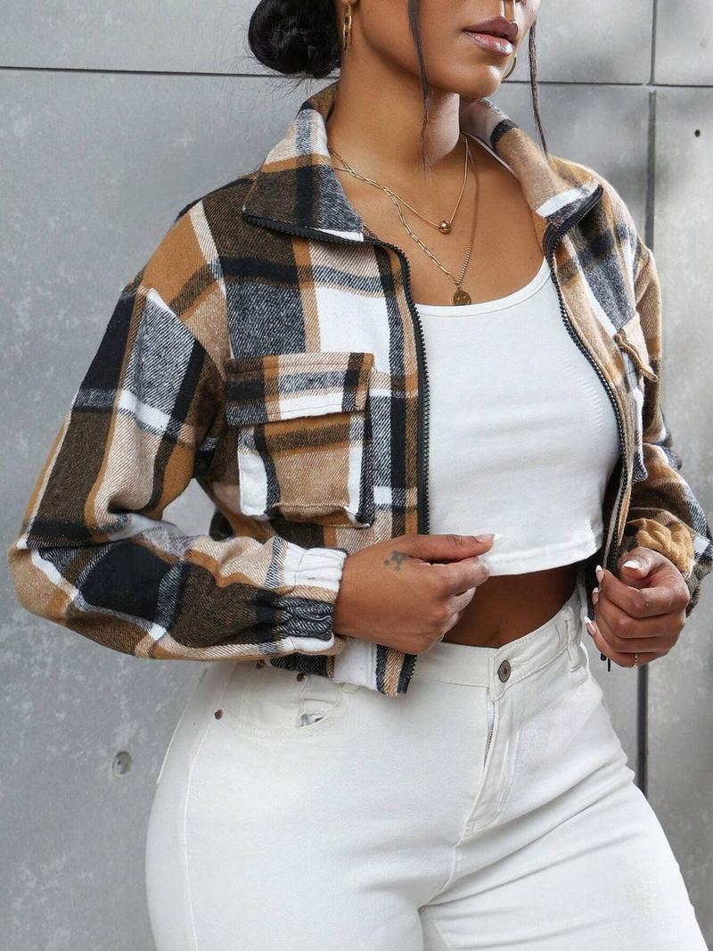 Women's Fall Winter Plaid Button-Front Pocket Jacket, Casual Fitted Long Sleeve Woven Outerwear