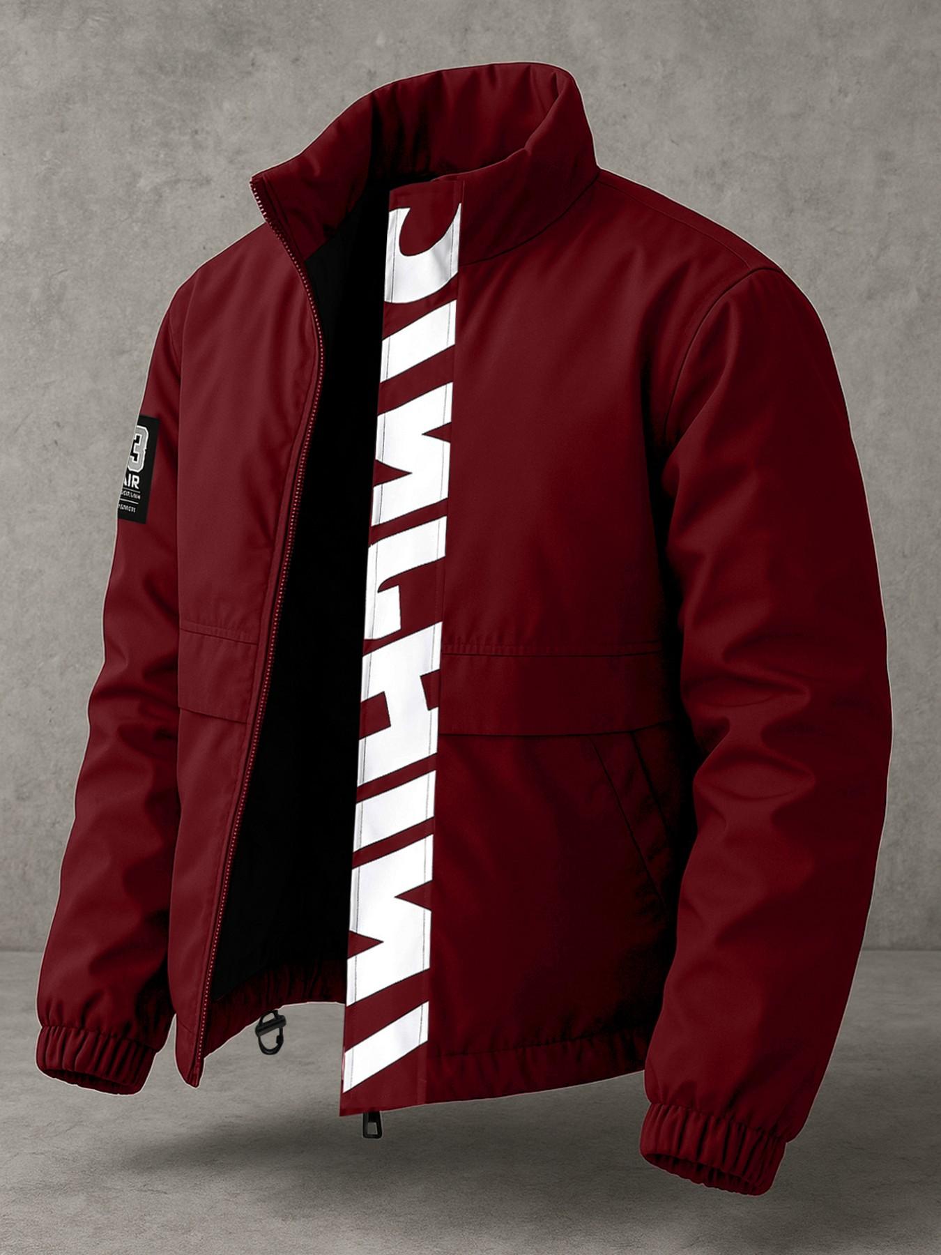 Men's Casual Workwear Zipper Jacket, Windproof Anti-Wrinkle Fabric, Stand Collar, Practical Pockets, Fashion Letter Print, Loose Fit