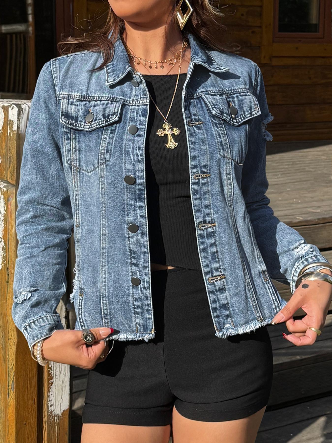 【Plus Size】 Solid Ripped Button Front Collared Denim Jacket, Casual Long Sleeve Pocket Outerwear for Summer, Women's Clothes for Daily Wear