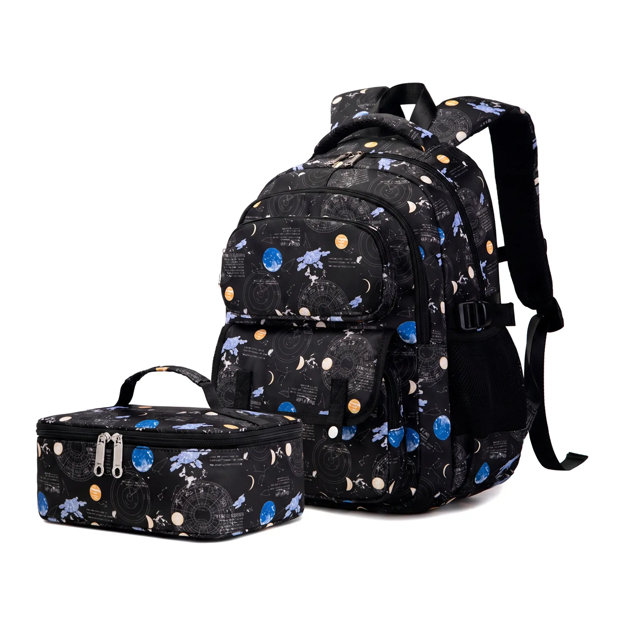 Spring 2026 Boys' Space Theme School Backpack, Waterproof Nylon Outer Large Capacity Bag with Starry Sky Print, Ultra-Light, Ergonomic Curved Comfort Straps, Wear-Resistant Polyester Lining, Black Blue Teenager Campus Essential Bookbag, School Days
