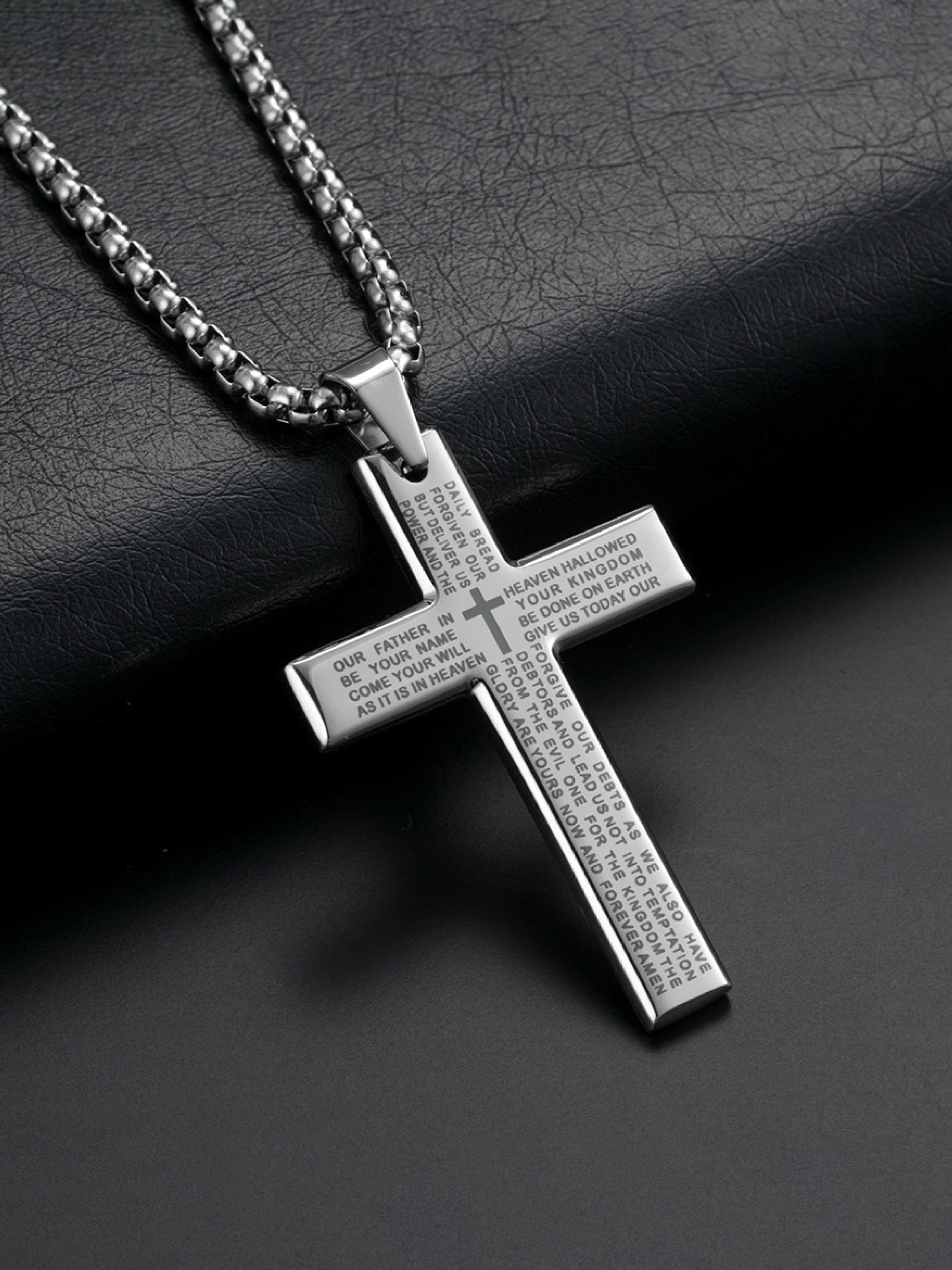 Stainless Steel Cross Pendant Necklace with Bible Verse Engraving, Unisex Jewelry with 24 Inch Chain, Perfect Gift for Any Occasion