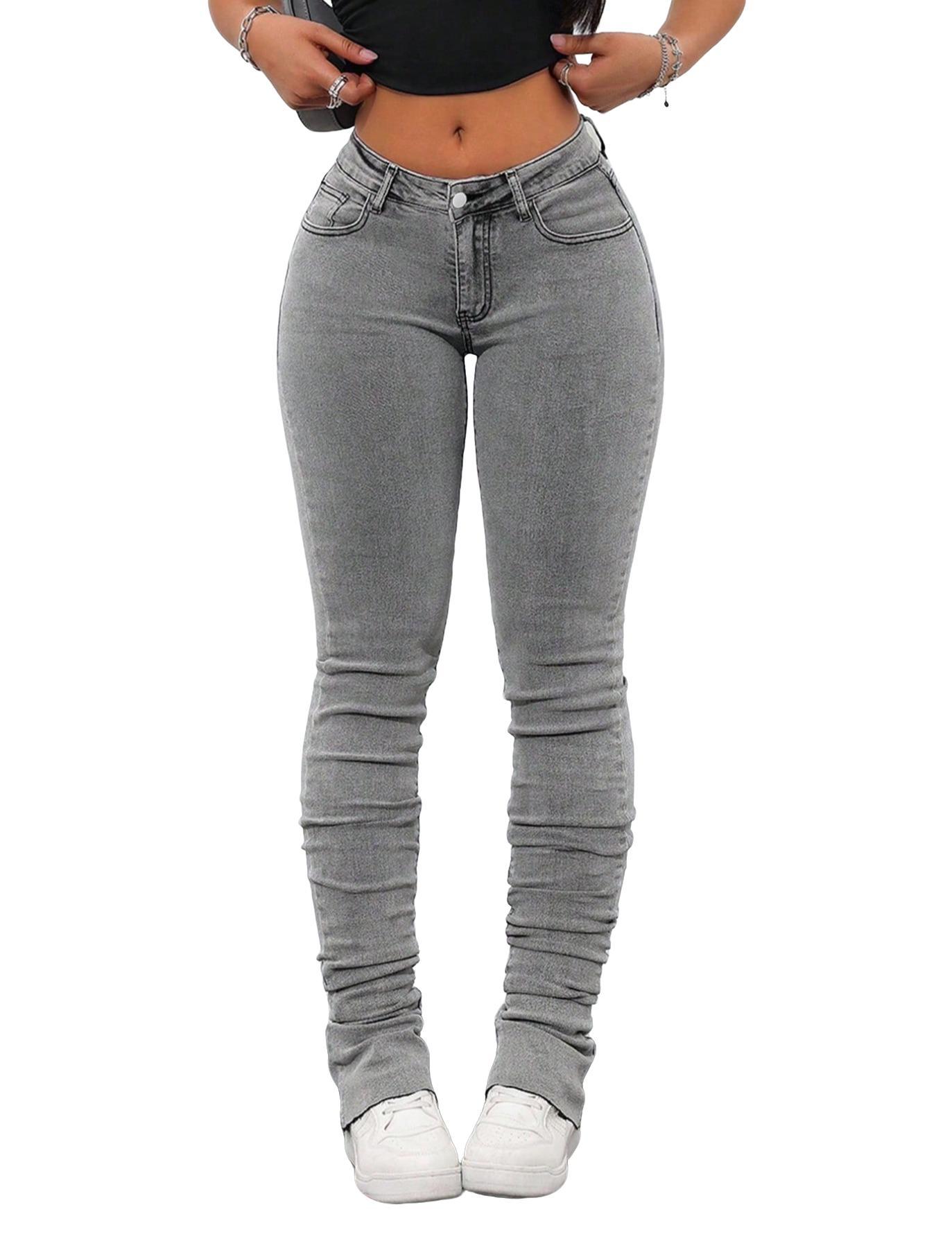 【Plus Size】 Solid Ruched Skinny High Waist Jeans, Casual Comfy Denim Pants for Daily Wear, Women's Bottoms for Summer