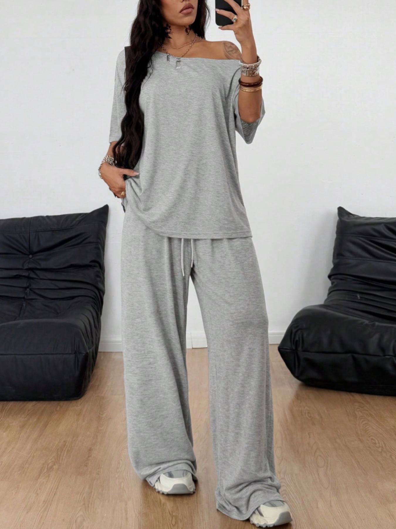 2pcs/Set Women's Minimalist Basic Daily Wear Going Out Sport Comfortable Off Shoulder T-Shirt And Wide Leg Pants Two Pieces Outfits 2pcs/Set Women's Minimalist Basic Daily Wear Going Out Sport Comfortable Off Shoulder T-Shirt And Wide Leg Pants Two Pieces Outfits